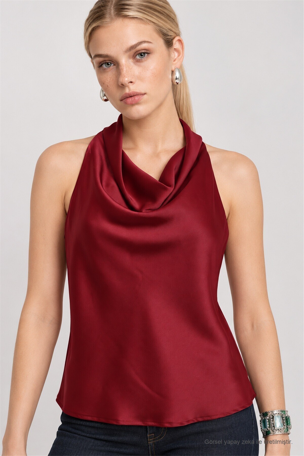 Degaje Yaka Saten Yüzeyli Bluz BORDO LGK0012