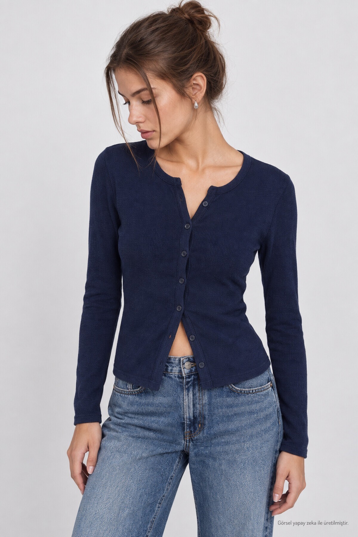 Düğmeli Basic Fitili Örme Hırka LACİVERT LRN0001