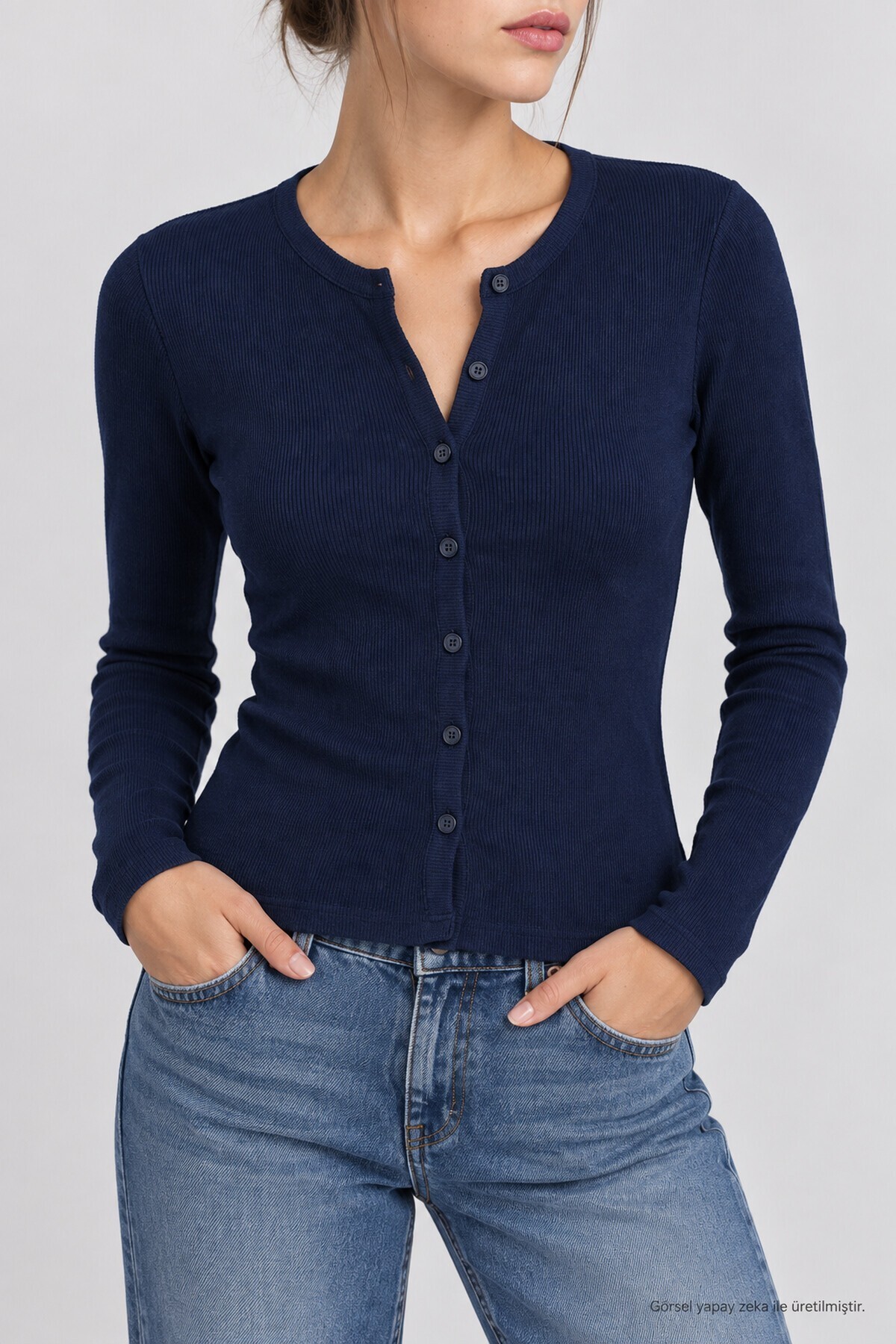 Düğmeli Basic Fitili Örme Hırka LACİVERT LRN0001