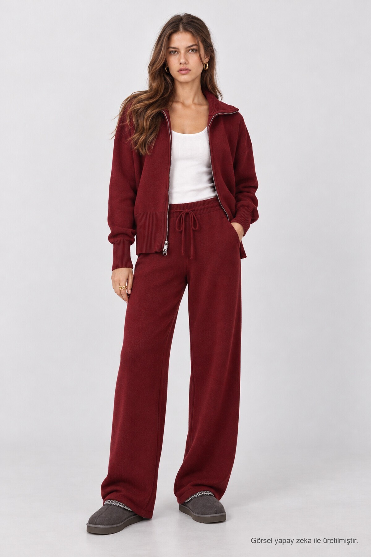 Fermuarlı Hırka Pantolon Triko Takım BORDO LAN0077