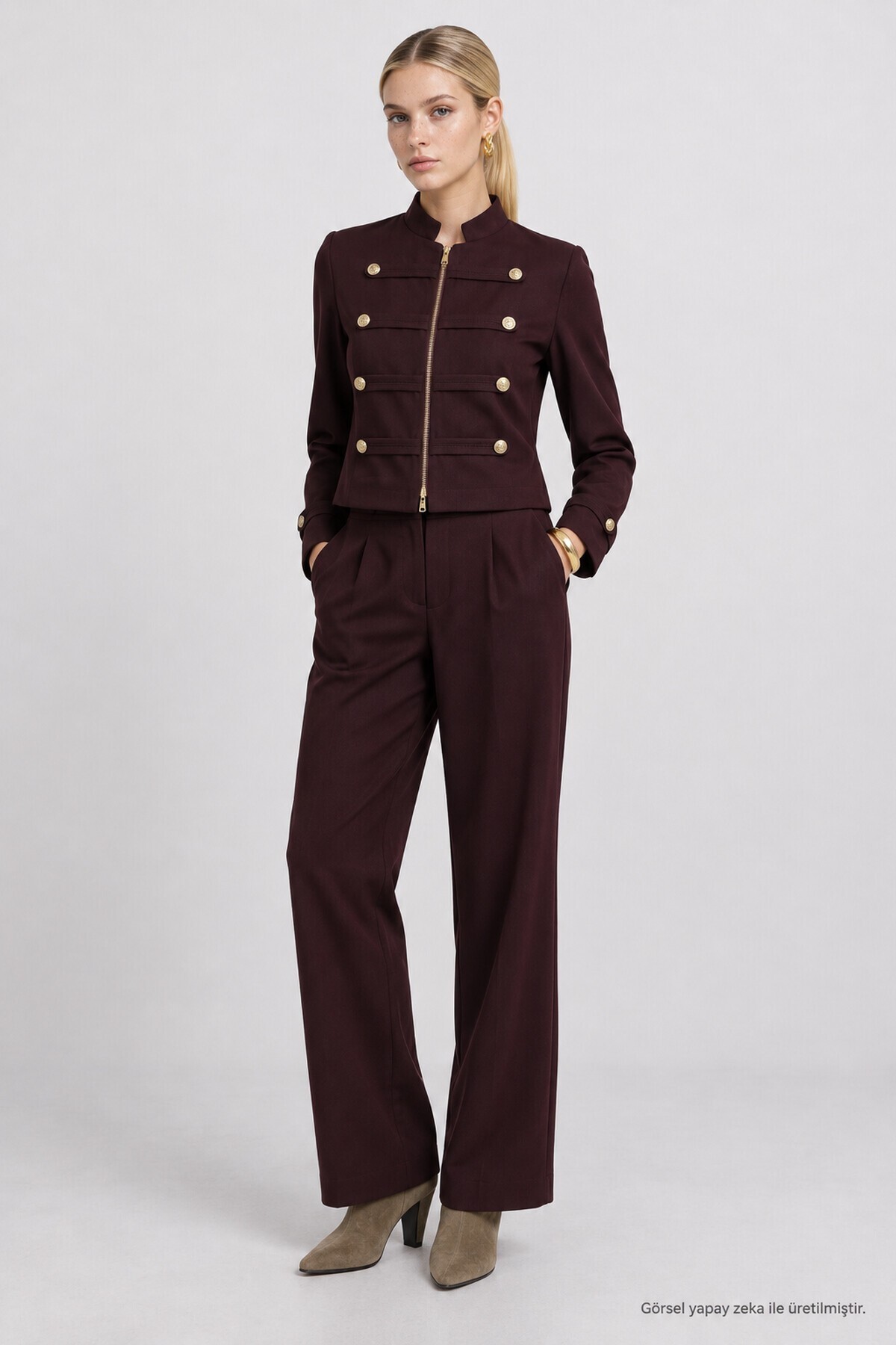 Gold Düğmeli Dokuma Ceket-Pantolon Takım MÜRDÜM LAZ0015