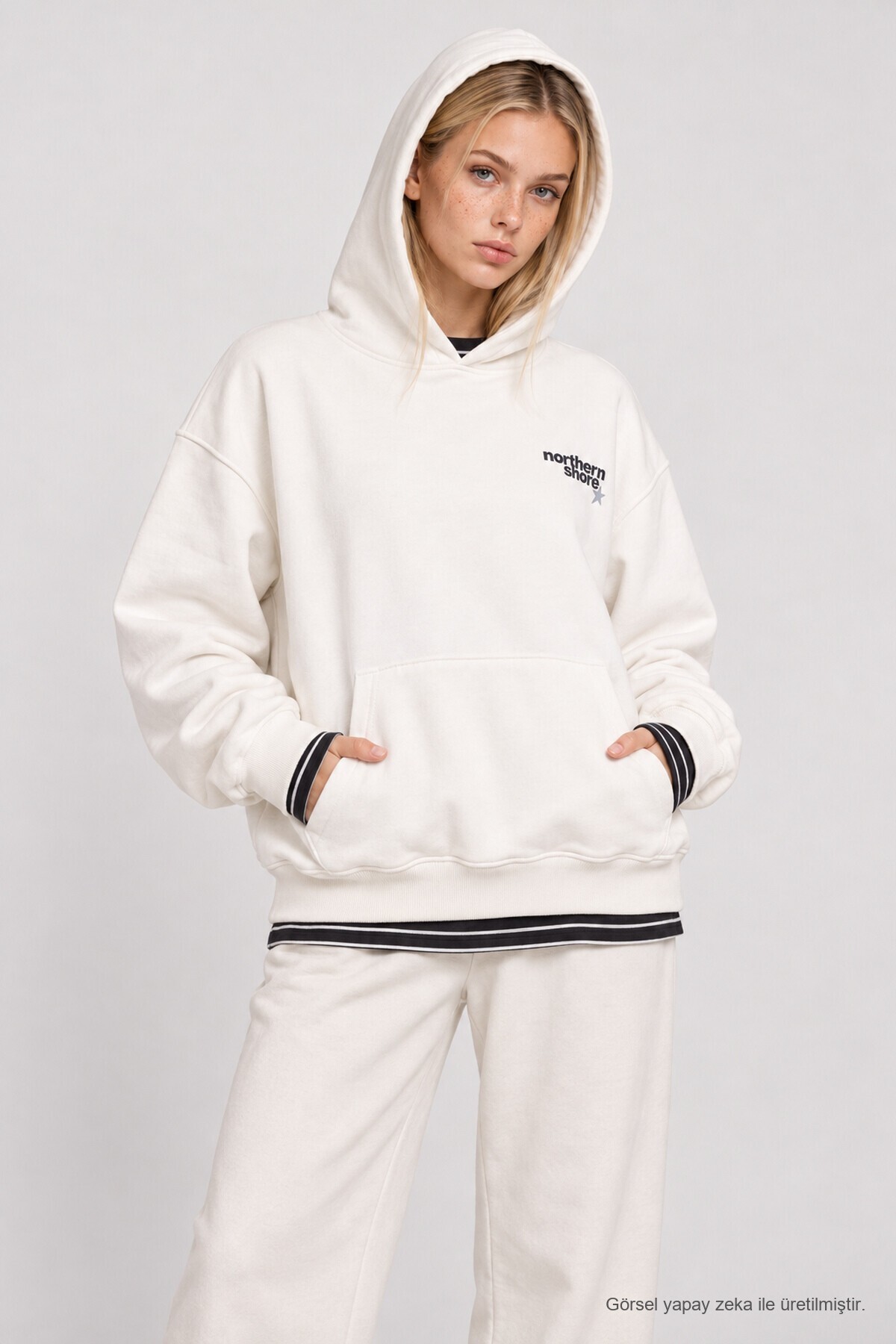 Kapüşonlu Baskılı Oversize Örme Sweatshirt EKRU LRN0080