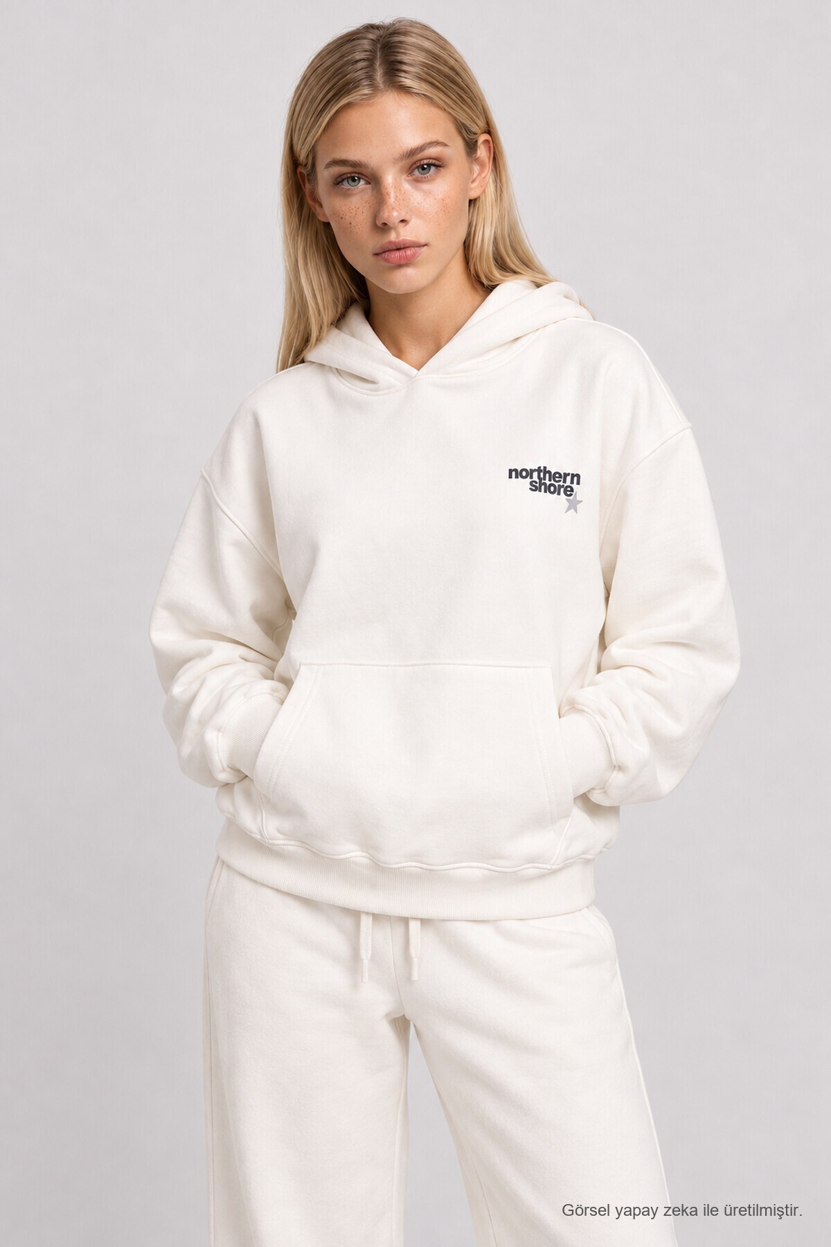 Kapüşonlu Baskılı Oversize Örme Sweatshirt EKRU LRN0080