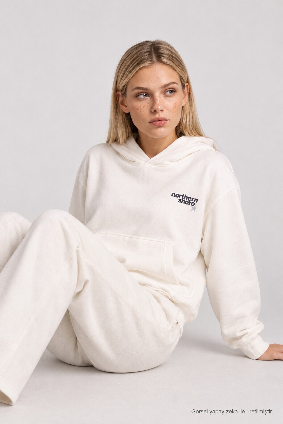 Kapüşonlu Baskılı Oversize Örme Sweatshirt EKRU LRN0080