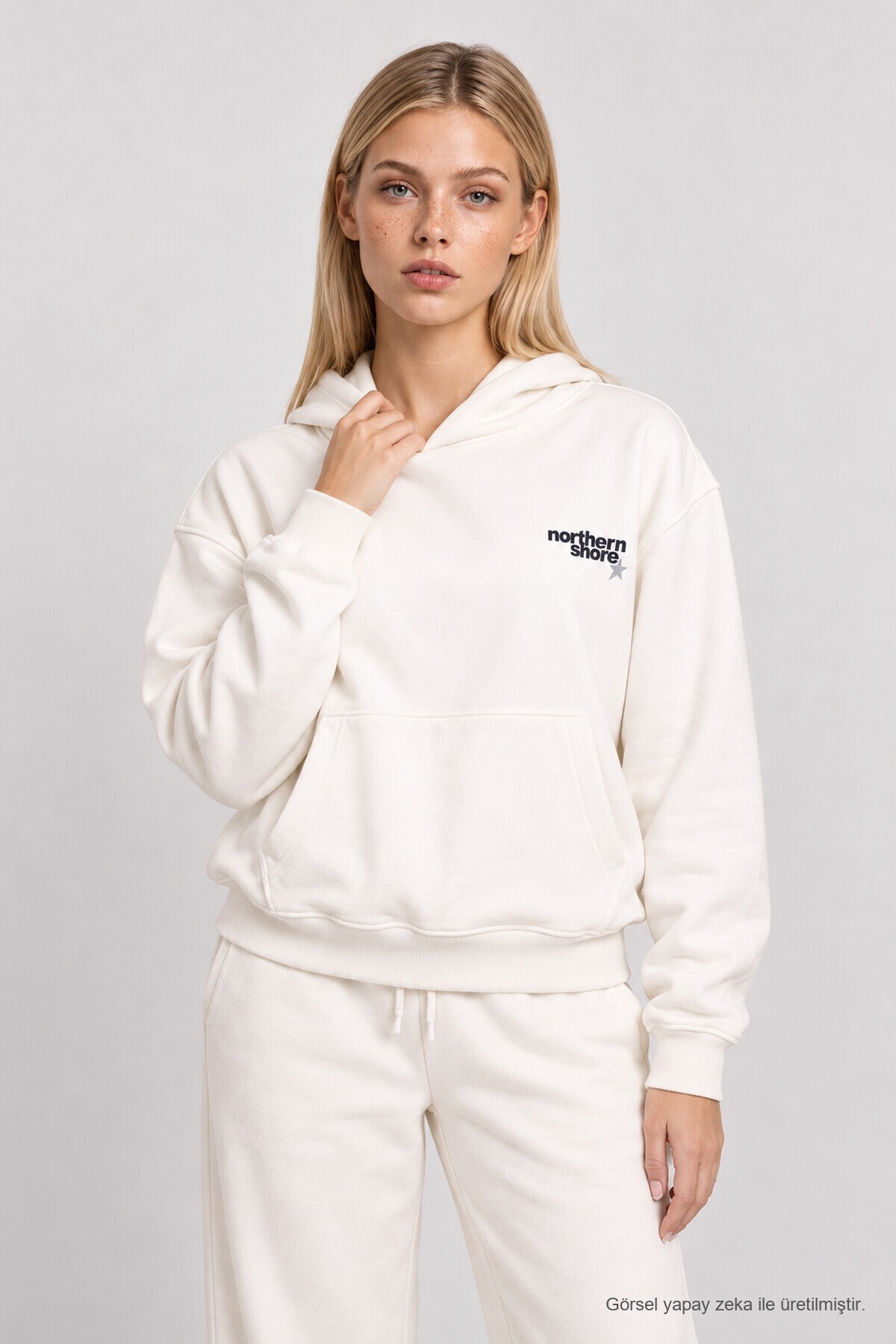 Kapüşonlu Baskılı Oversize Örme Sweatshirt EKRU LRN0080