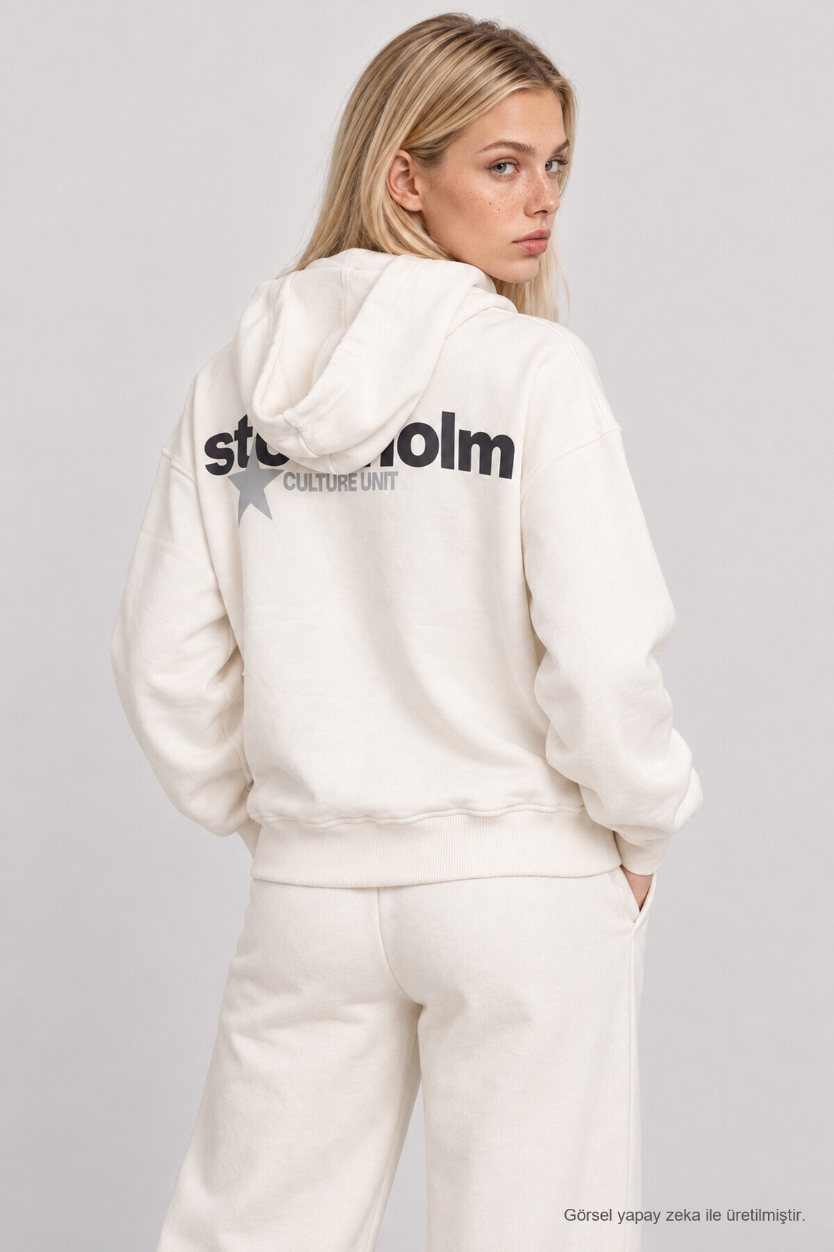 Kapüşonlu Baskılı Oversize Örme Sweatshirt EKRU LRN0080