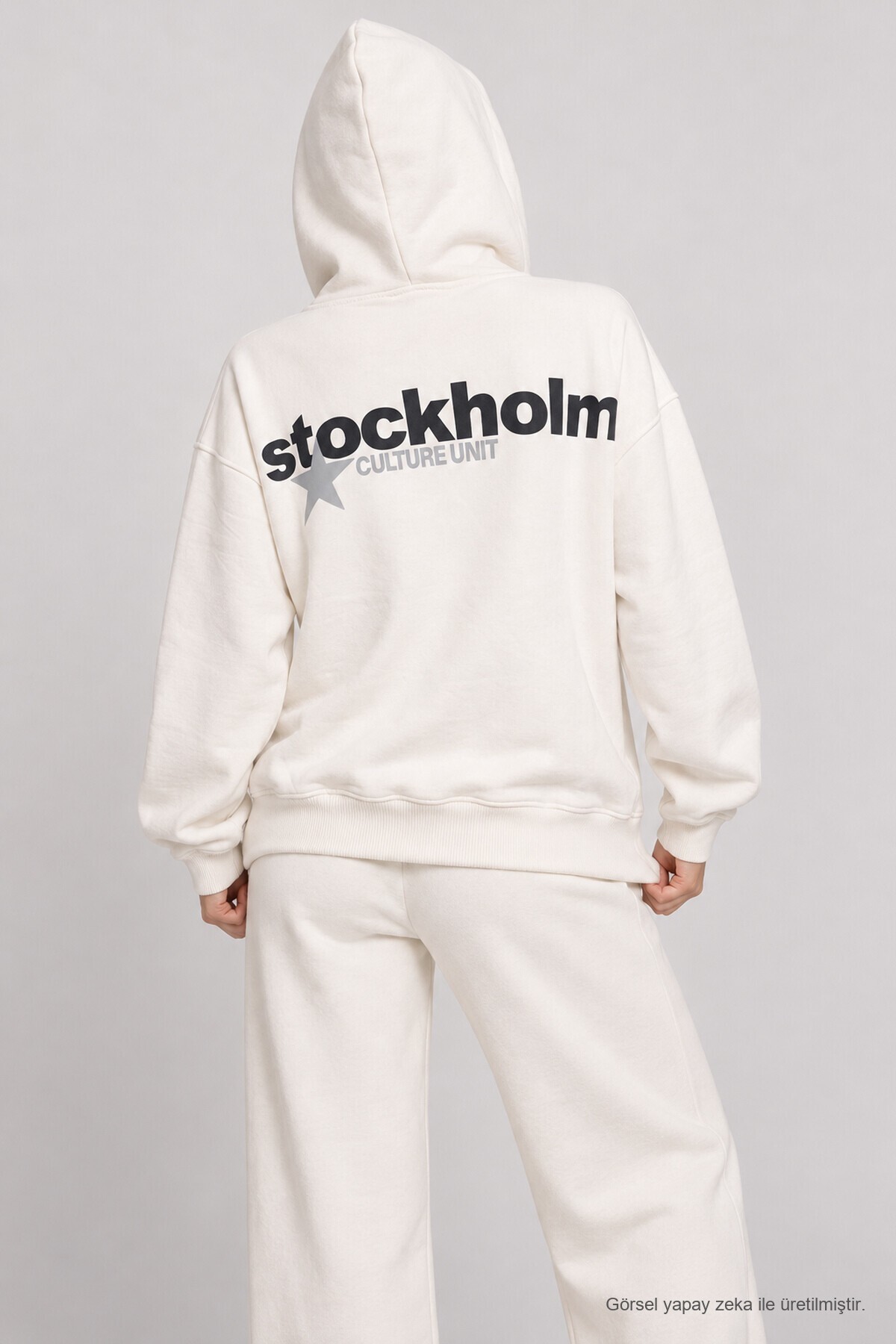 Kapüşonlu Baskılı Oversize Örme Sweatshirt EKRU LRN0080