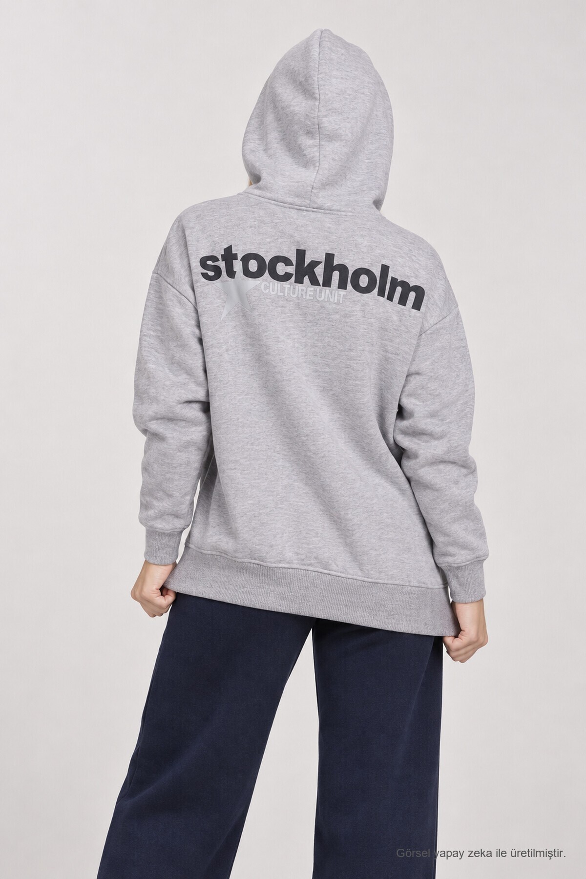 Kapüşonlu Baskılı Oversize Örme Sweatshirt GRİ MELANJ LRN0080