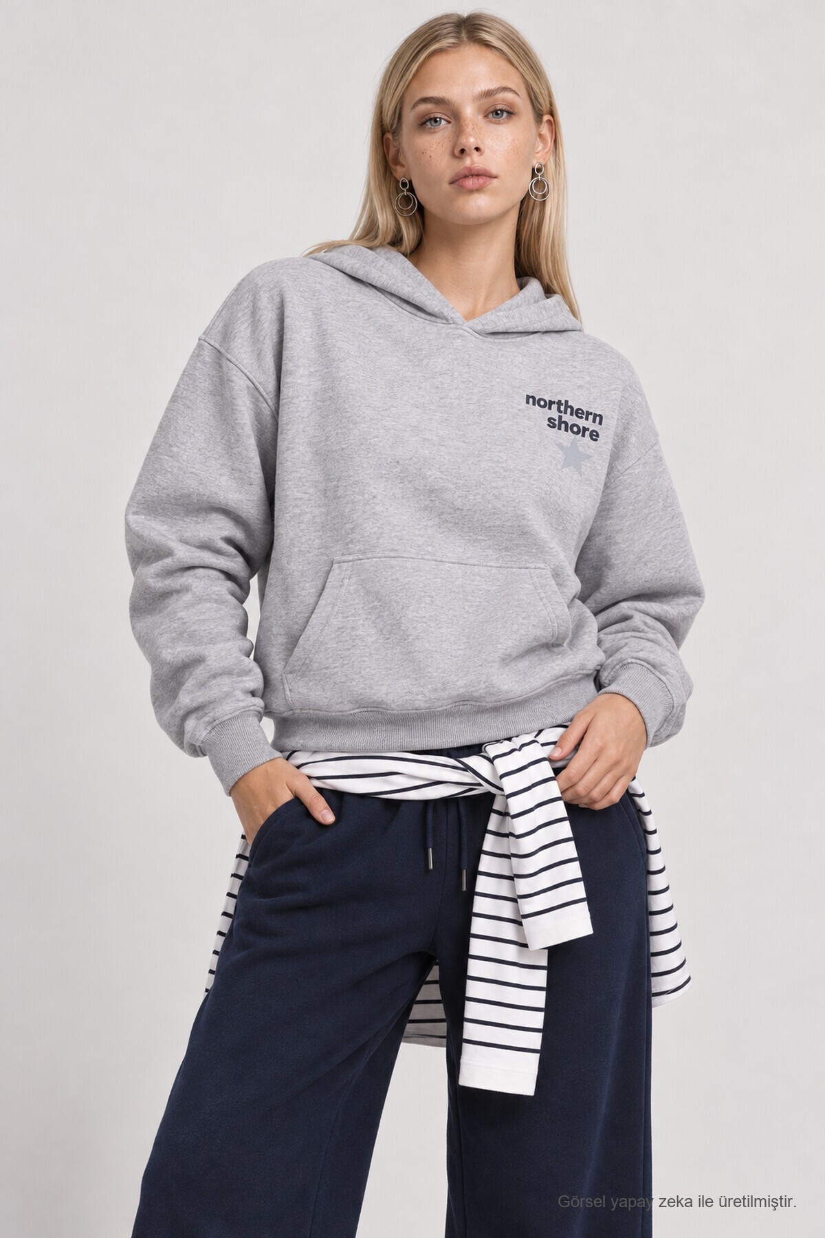 Kapüşonlu Baskılı Oversize Örme Sweatshirt GRİ MELANJ LRN0080