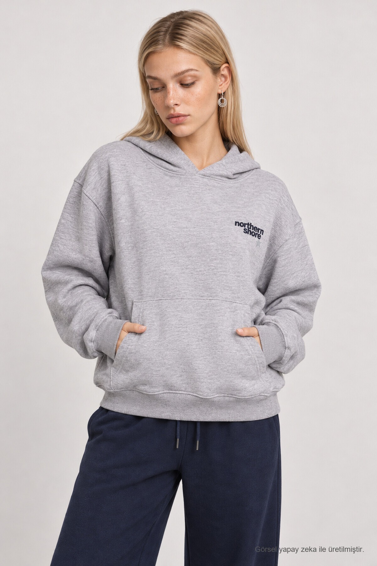 Kapüşonlu Baskılı Oversize Örme Sweatshirt GRİ MELANJ LRN0080