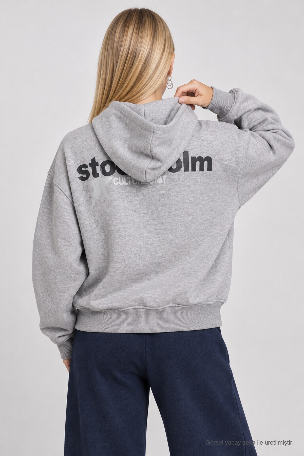 Kapüşonlu Baskılı Oversize Örme Sweatshirt GRİ MELANJ LRN0080