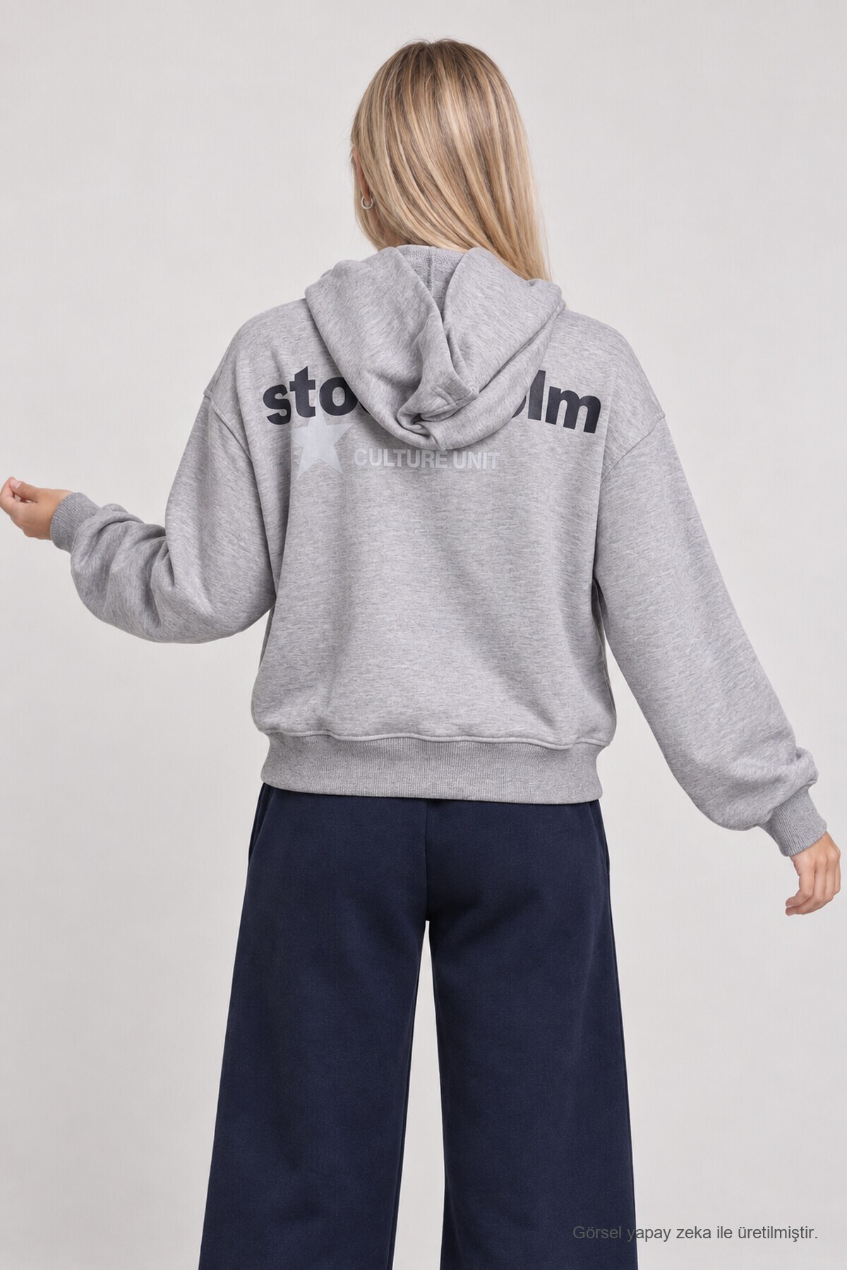 Kapüşonlu Baskılı Oversize Örme Sweatshirt GRİ MELANJ LRN0080