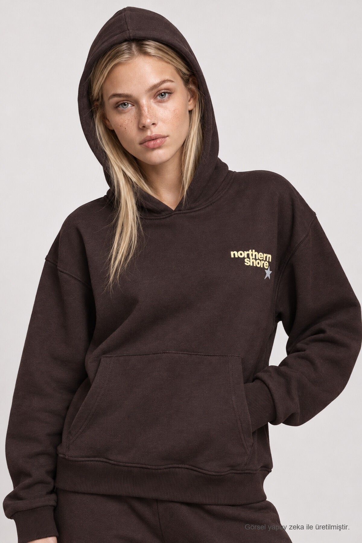 Kapüşonlu Baskılı Oversize Örme Sweatshirt KAHVERENGİ LRN0080