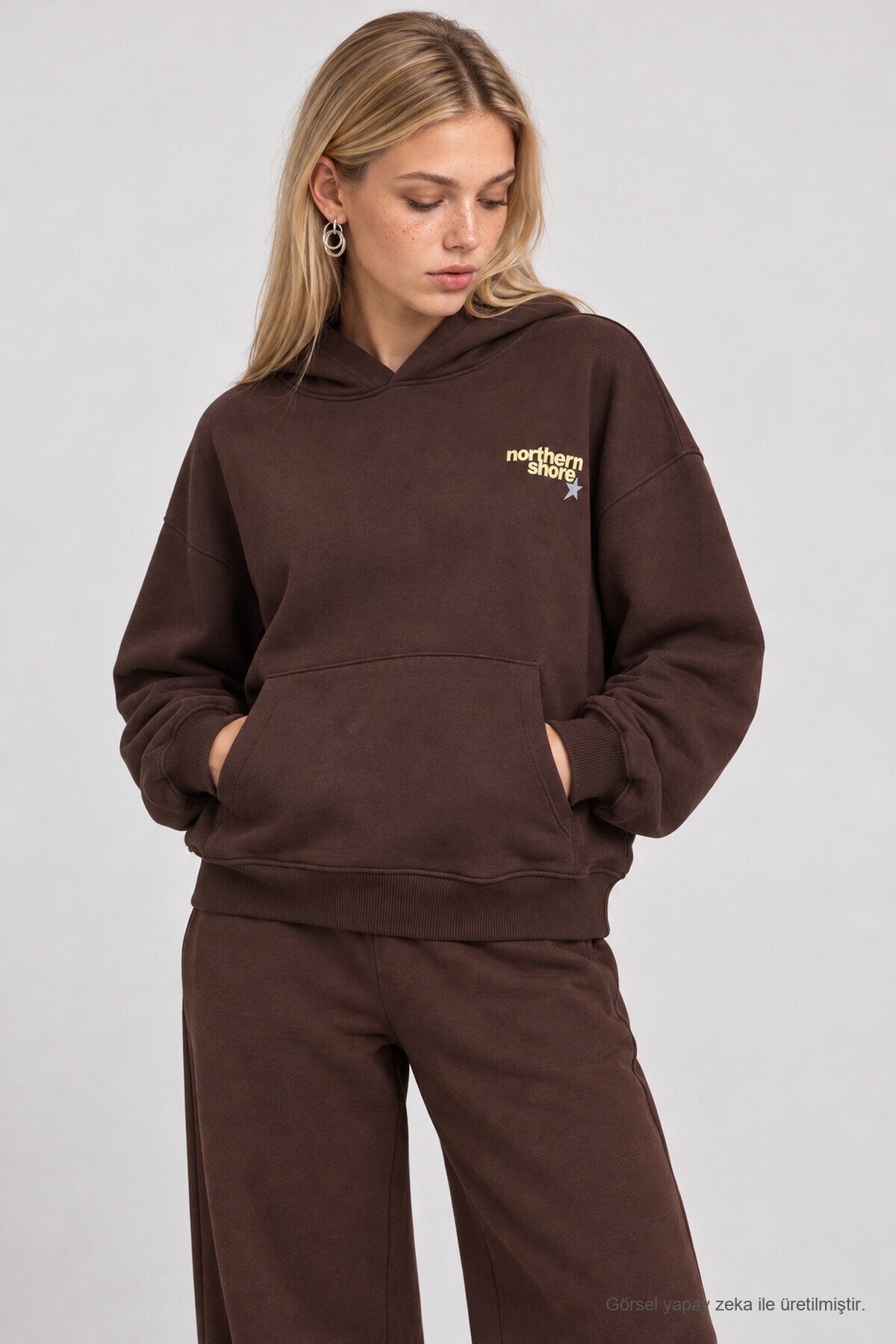 Kapüşonlu Baskılı Oversize Örme Sweatshirt KAHVERENGİ LRN0080