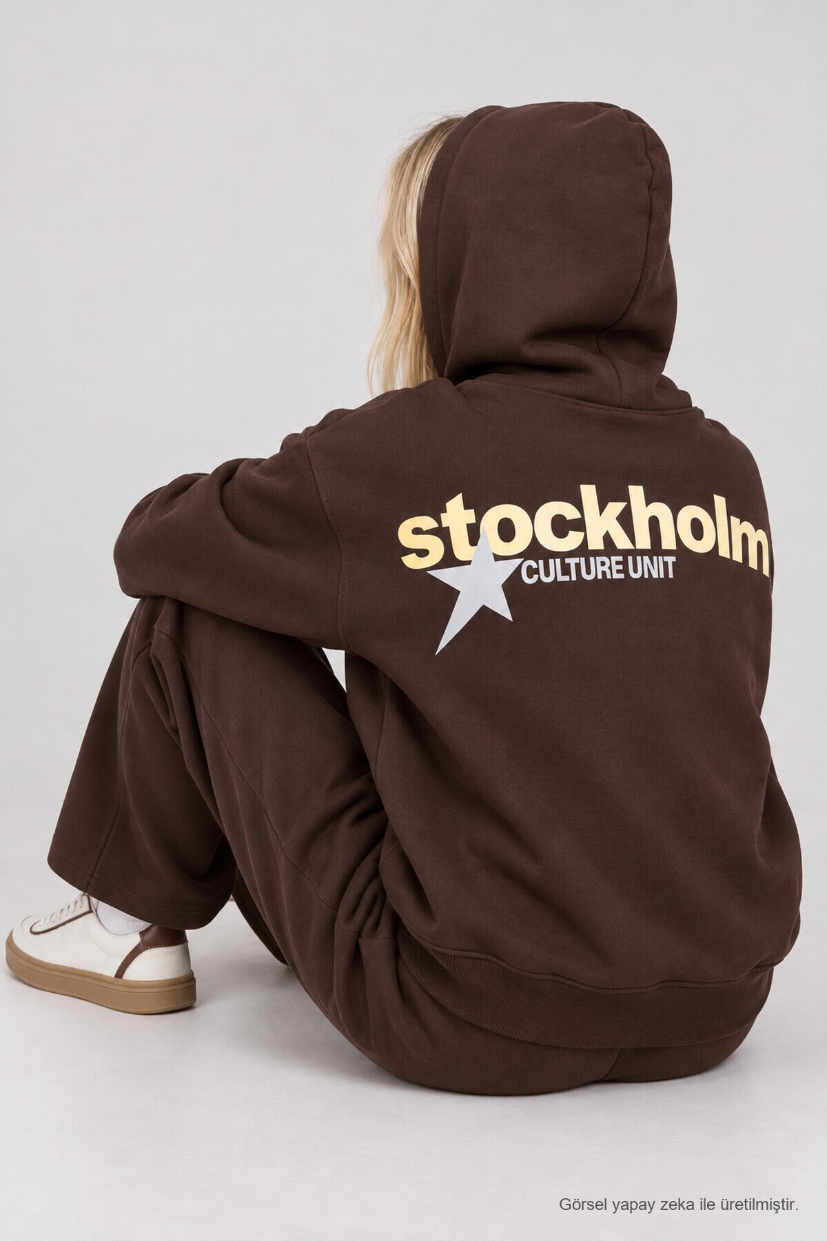 Kapüşonlu Baskılı Oversize Örme Sweatshirt KAHVERENGİ LRN0080