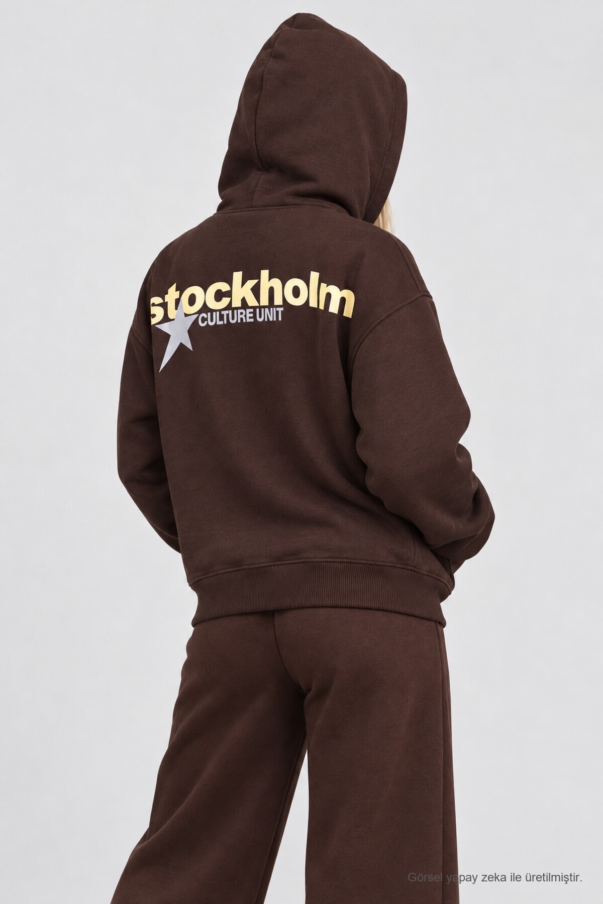 Kapüşonlu Baskılı Oversize Örme Sweatshirt KAHVERENGİ LRN0080