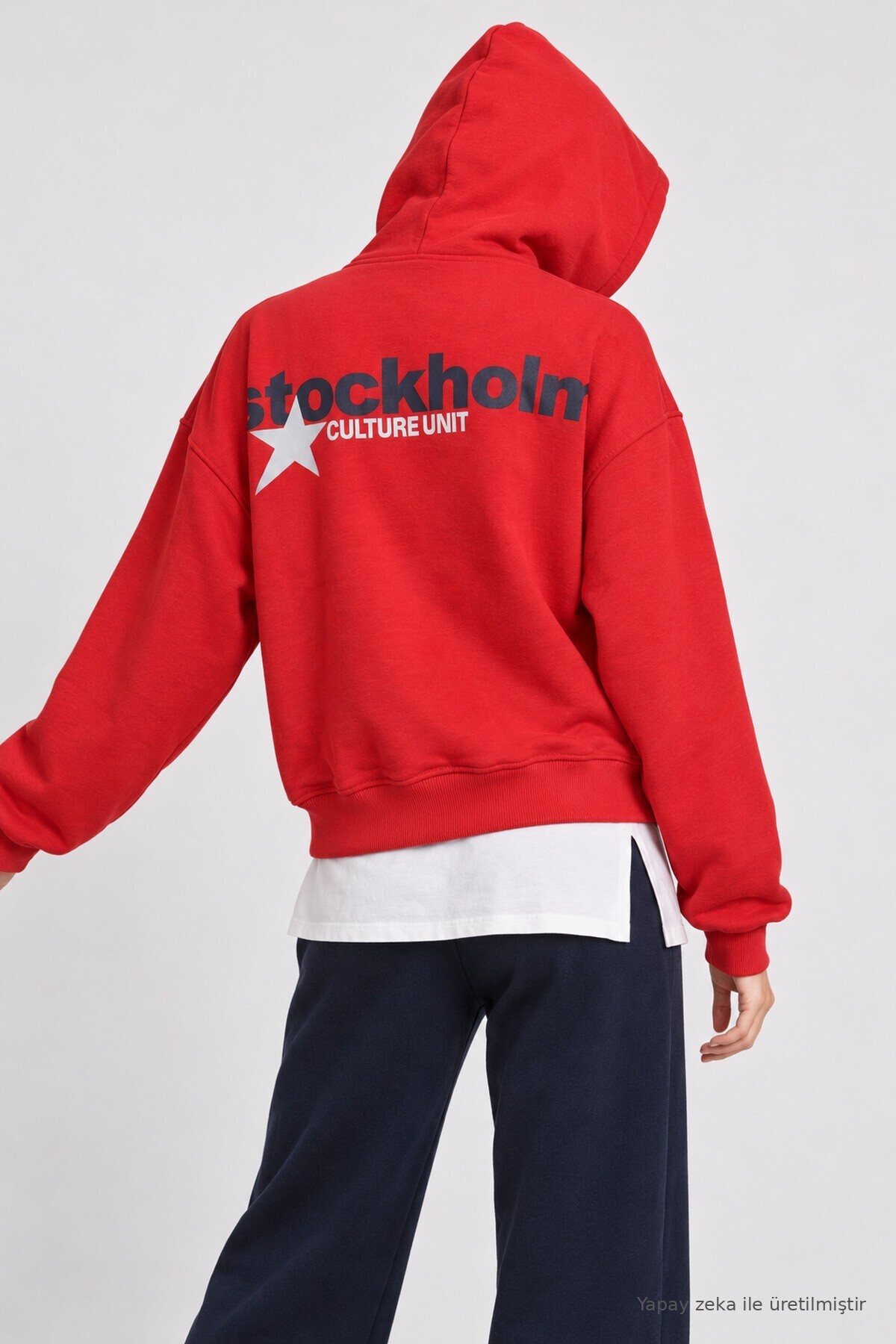 Kapüşonlu Baskılı Oversize Örme Sweatshirt KIRMIZI LRN0080