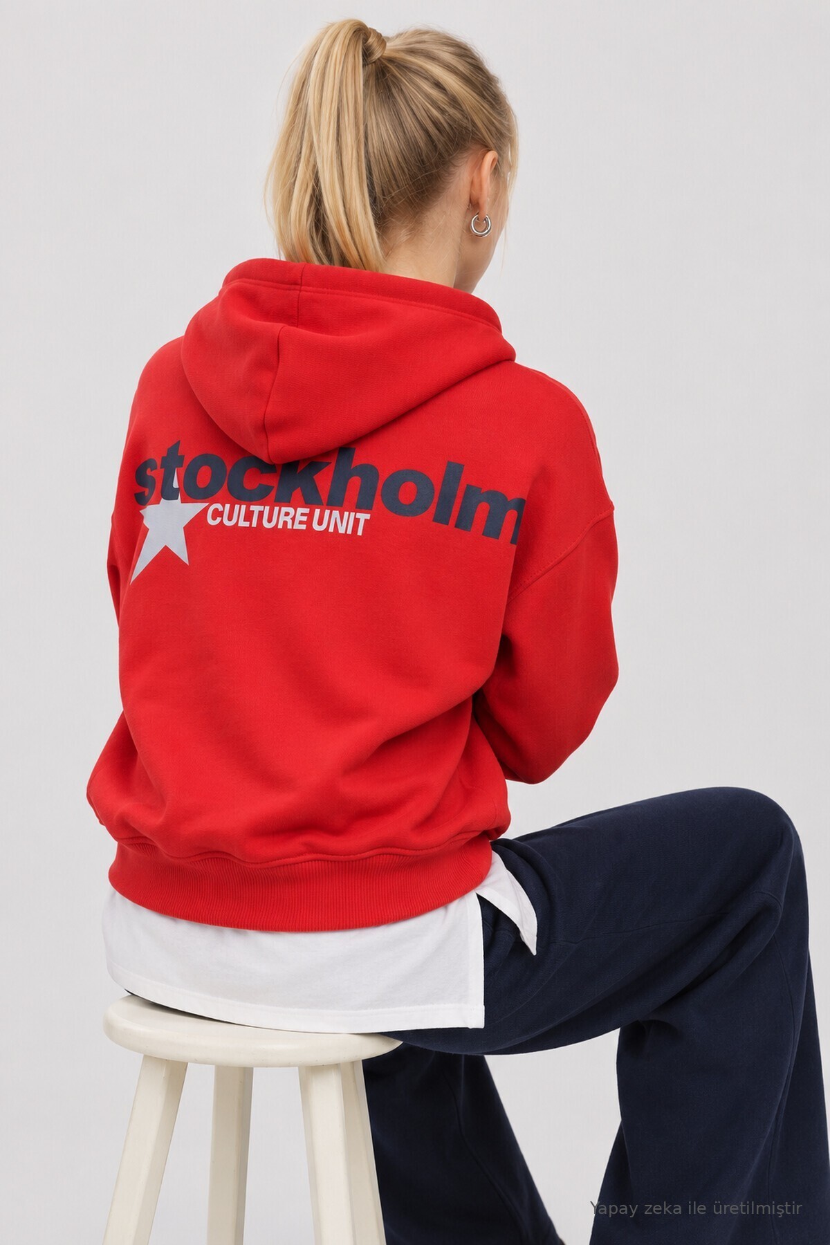 Kapüşonlu Baskılı Oversize Örme Sweatshirt KIRMIZI LRN0080
