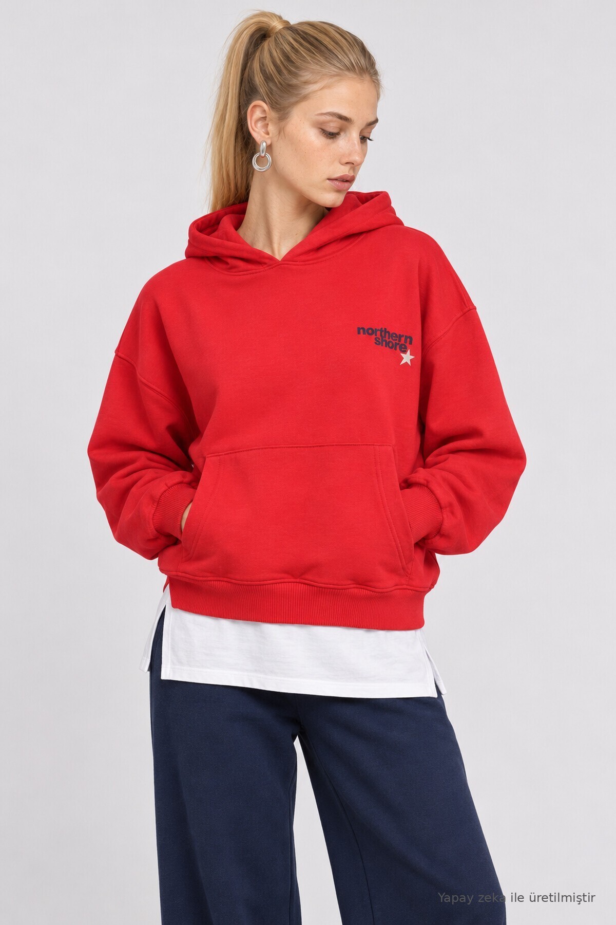 Kapüşonlu Baskılı Oversize Örme Sweatshirt KIRMIZI LRN0080