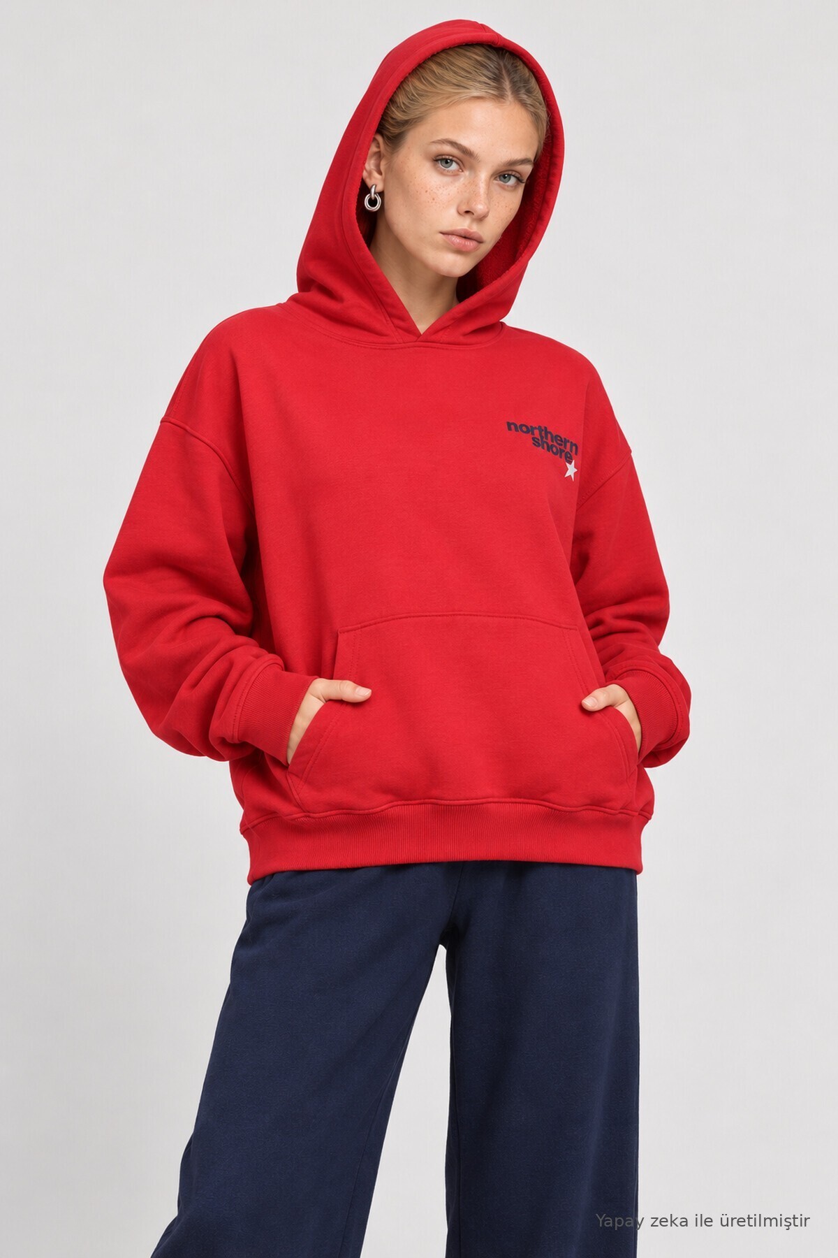 Kapüşonlu Baskılı Oversize Örme Sweatshirt KIRMIZI LRN0080