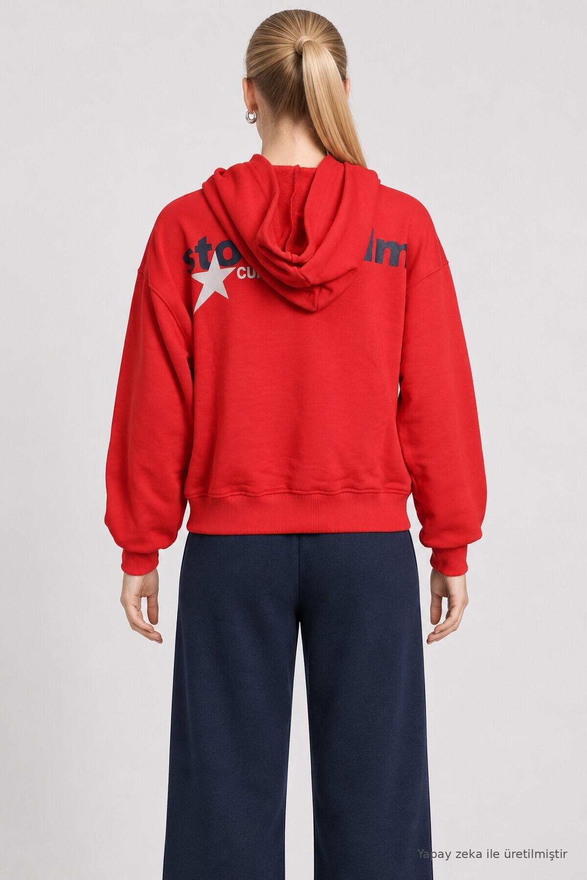 Kapüşonlu Baskılı Oversize Örme Sweatshirt KIRMIZI LRN0080