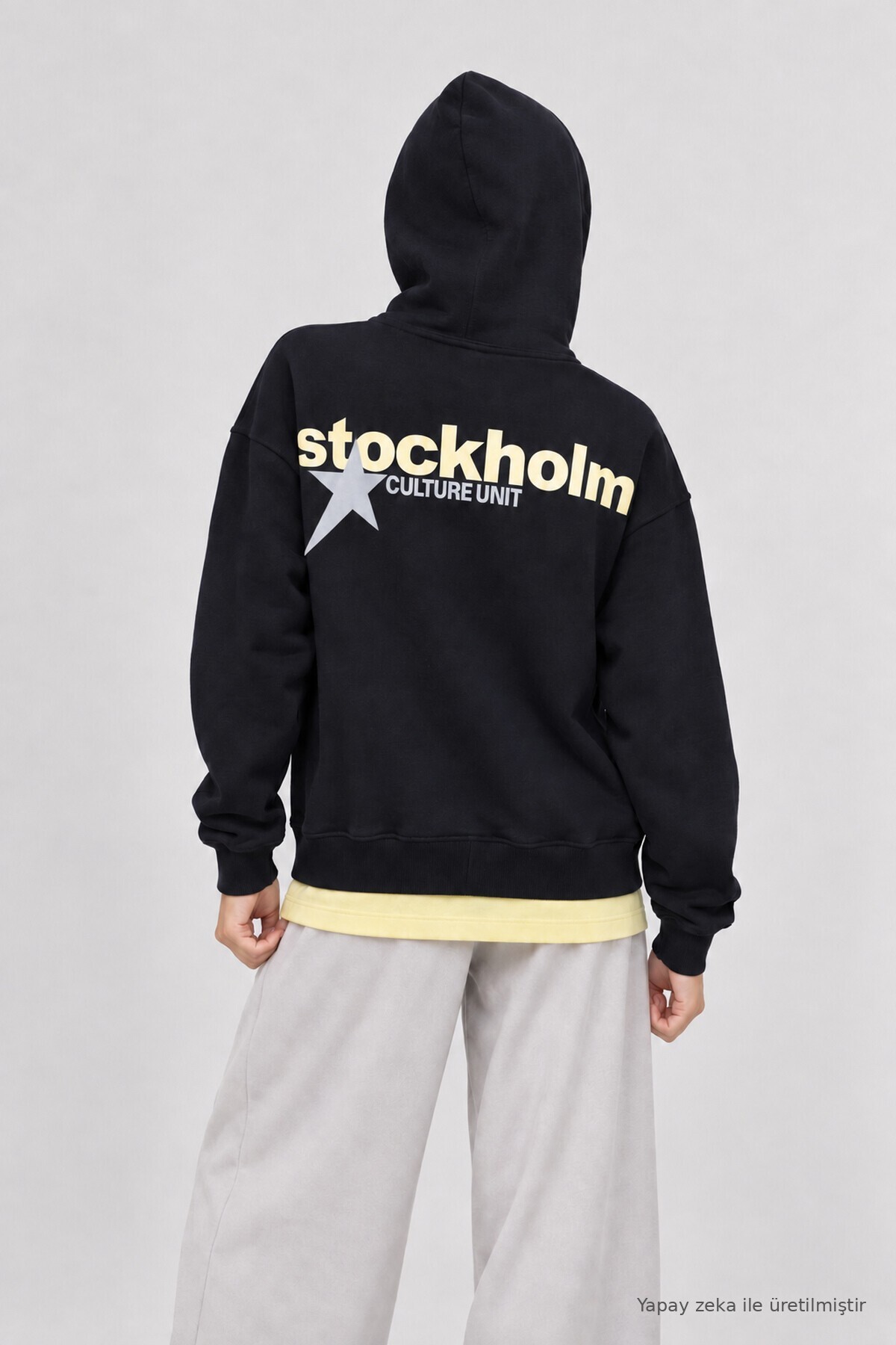 Kapüşonlu Baskılı Oversize Örme Sweatshirt LACİVERT LRN0080