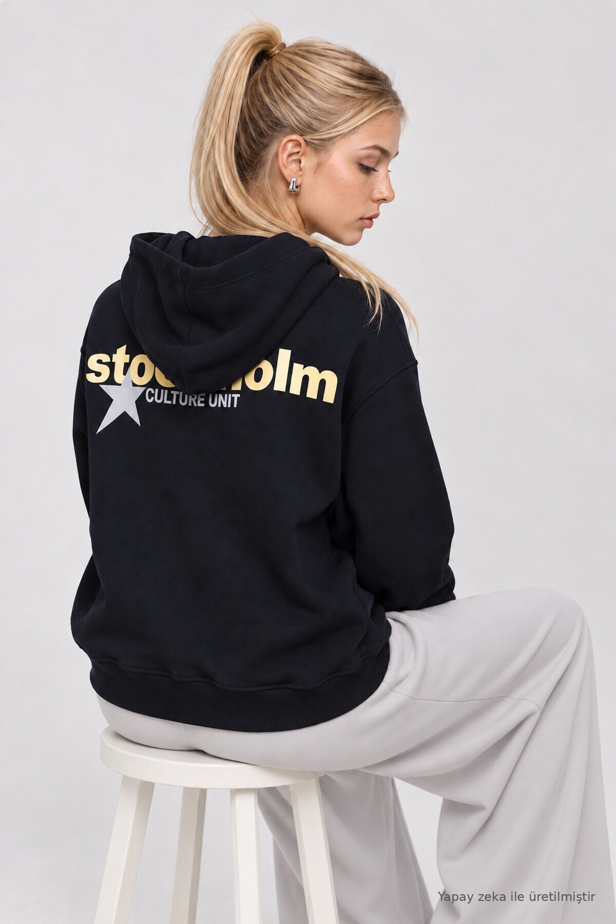 Kapüşonlu Baskılı Oversize Örme Sweatshirt LACİVERT LRN0080