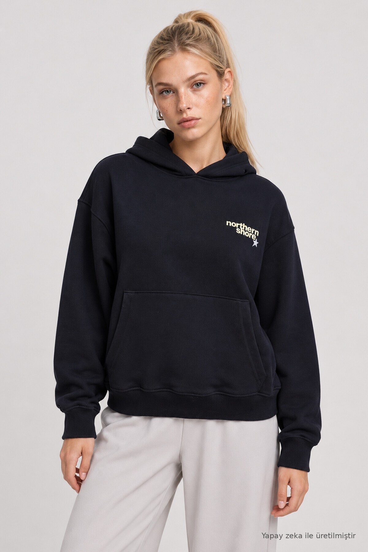 Kapüşonlu Baskılı Oversize Örme Sweatshirt LACİVERT LRN0080