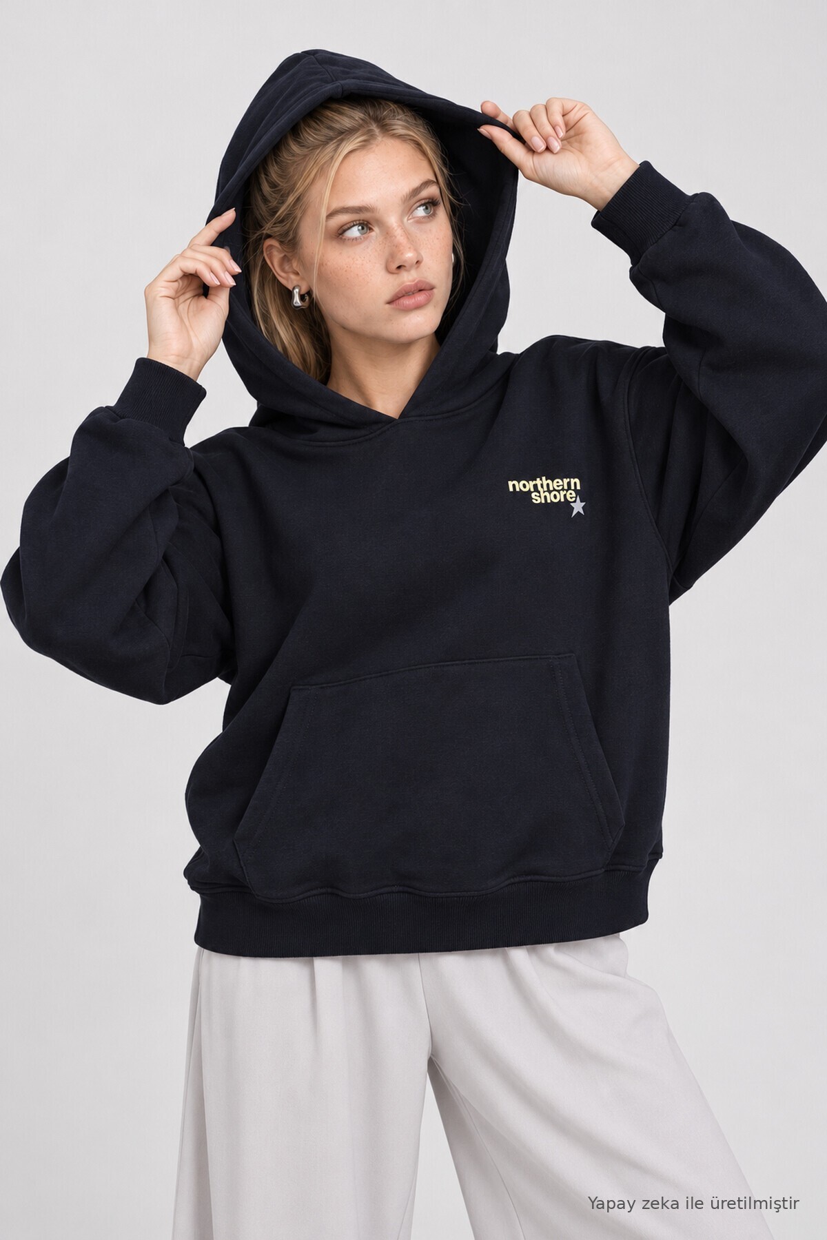 Kapüşonlu Baskılı Oversize Örme Sweatshirt LACİVERT LRN0080