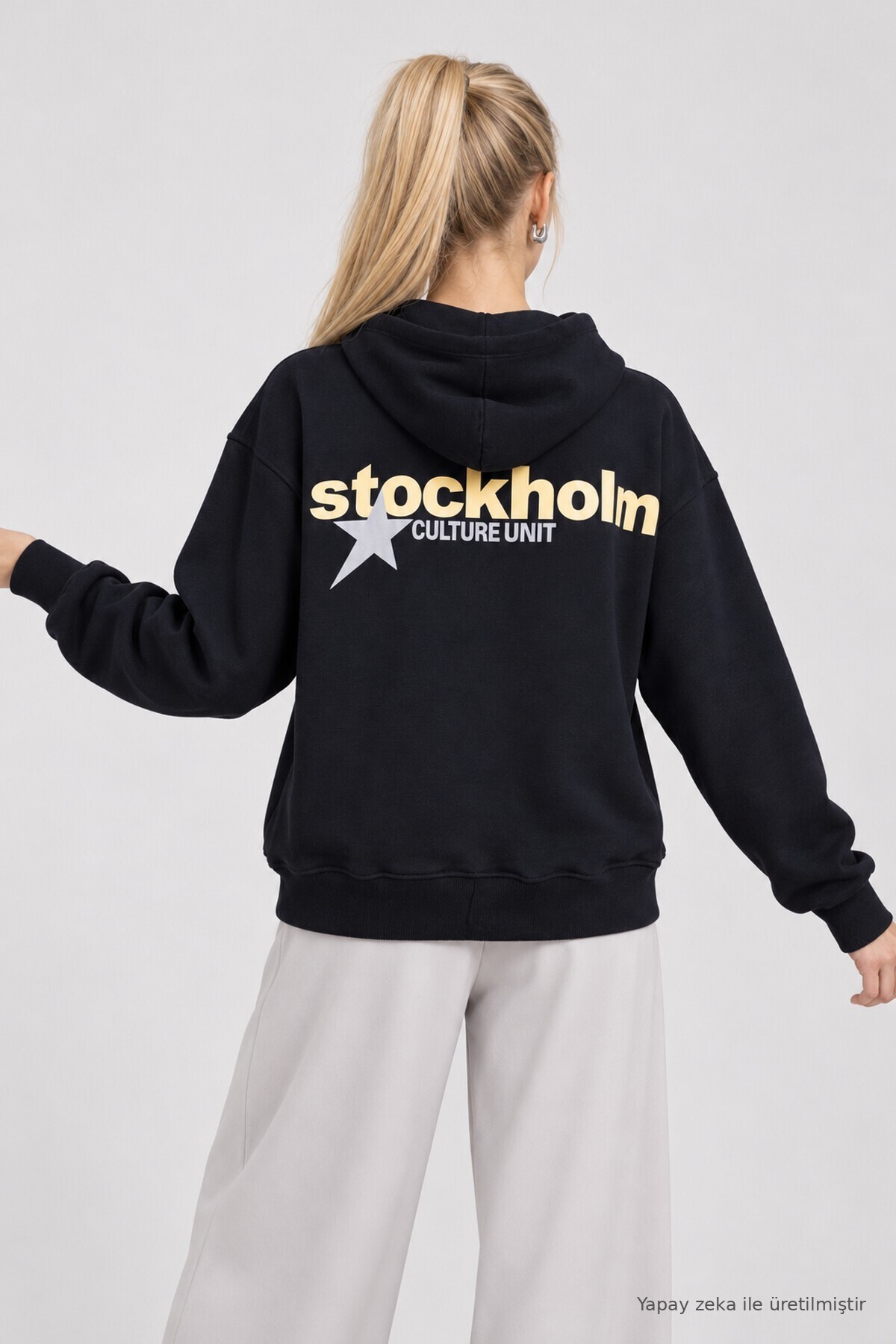 Kapüşonlu Baskılı Oversize Örme Sweatshirt LACİVERT LRN0080