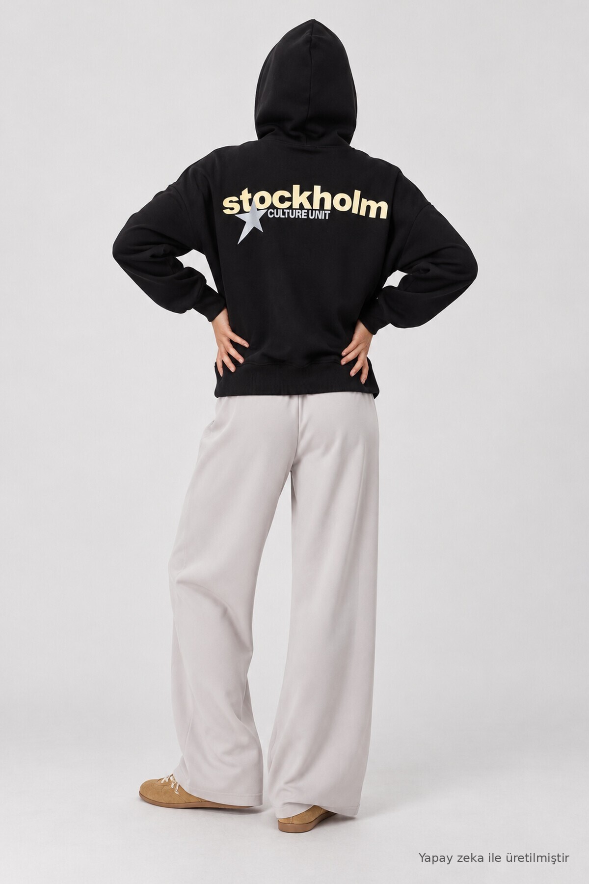 Kapüşonlu Baskılı Oversize Örme Sweatshirt SİYAH LRN0080