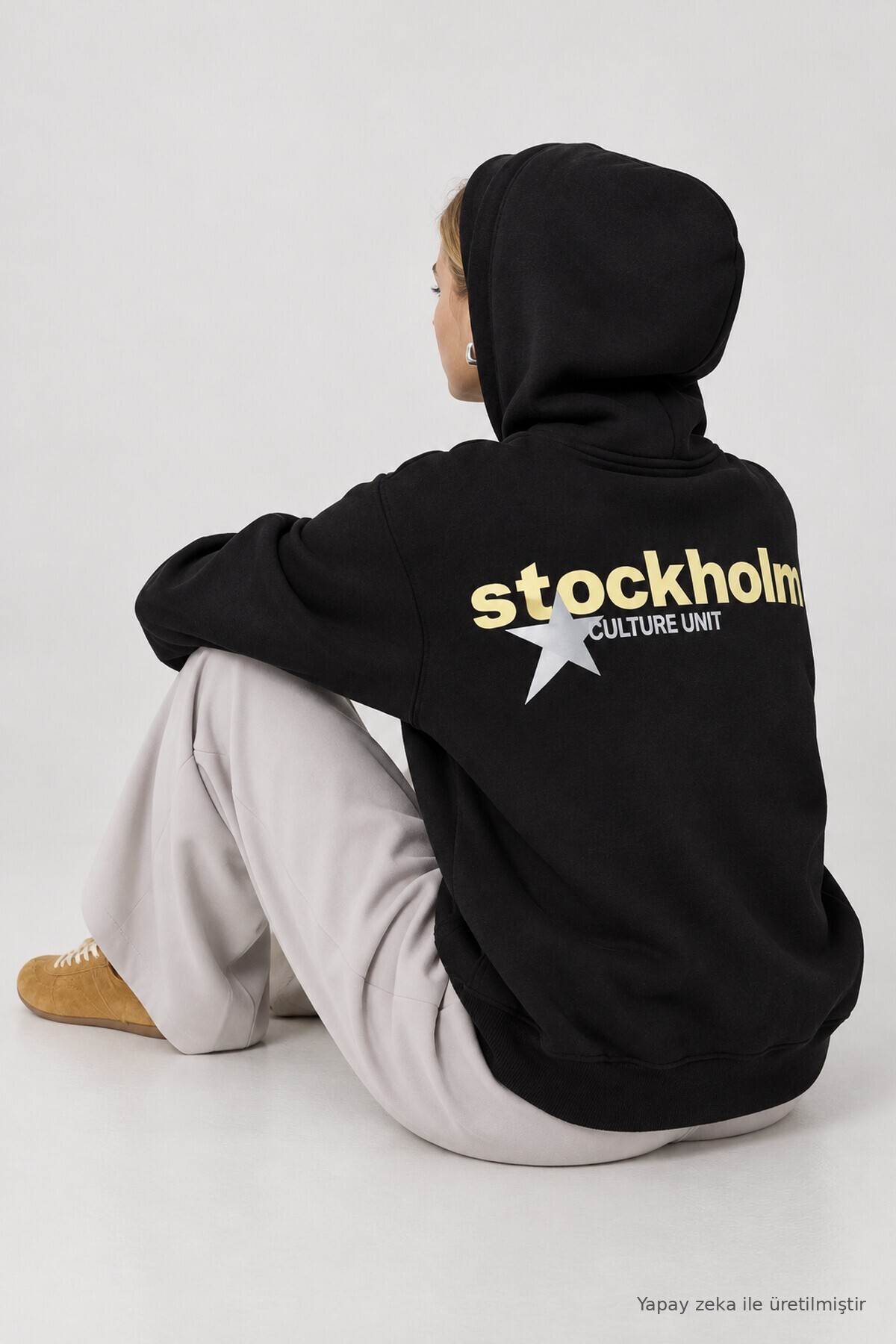 Kapüşonlu Baskılı Oversize Örme Sweatshirt SİYAH LRN0080
