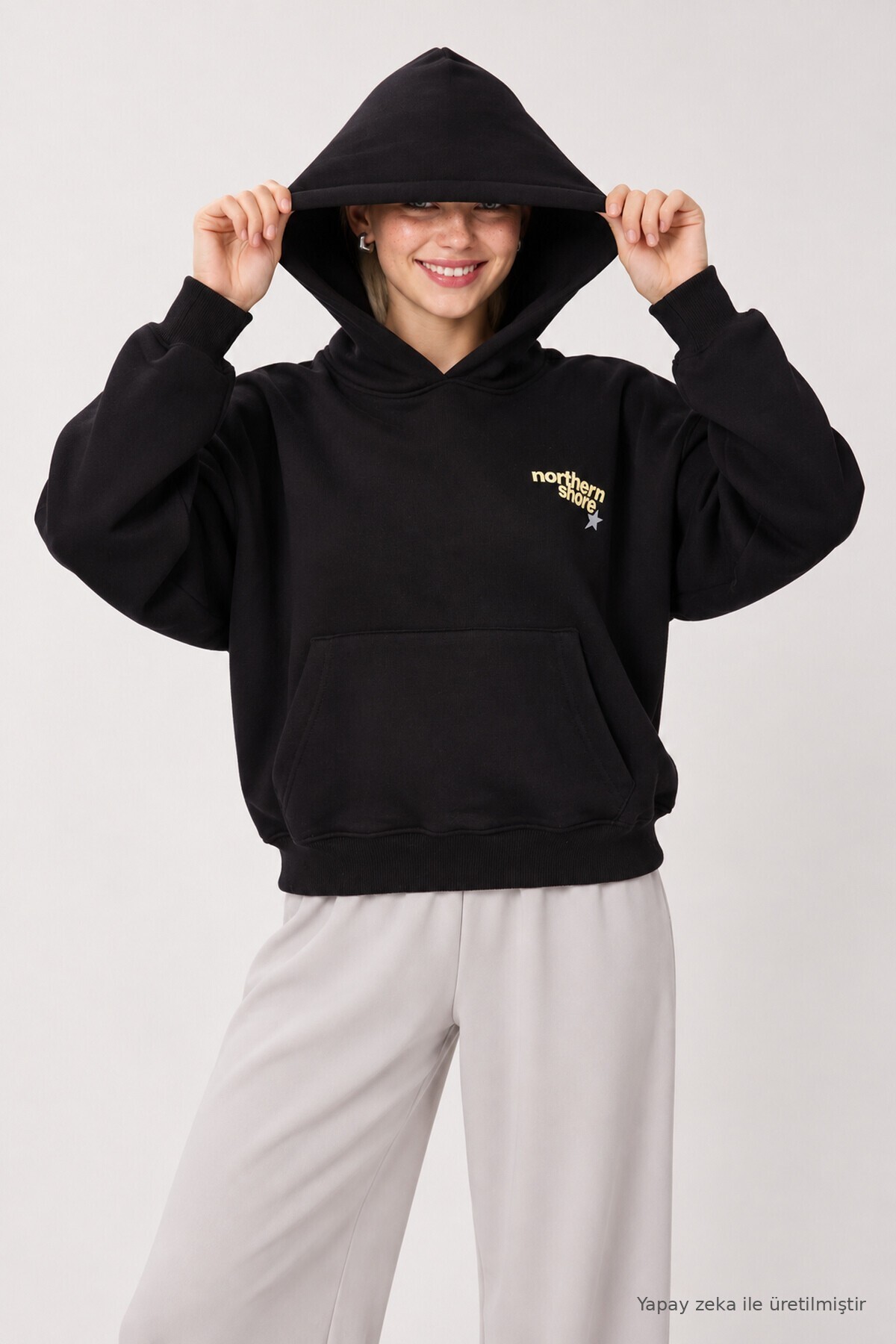 Kapüşonlu Baskılı Oversize Örme Sweatshirt SİYAH LRN0080