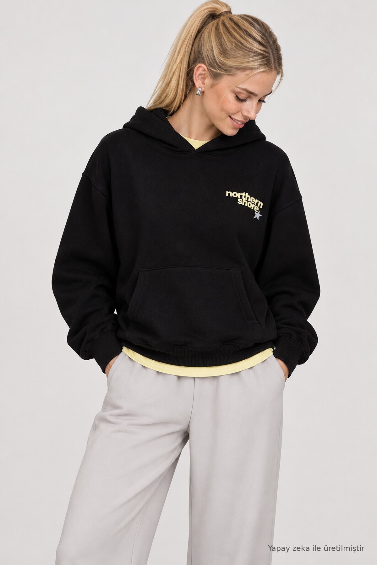 Kapüşonlu Baskılı Oversize Örme Sweatshirt SİYAH LRN0080