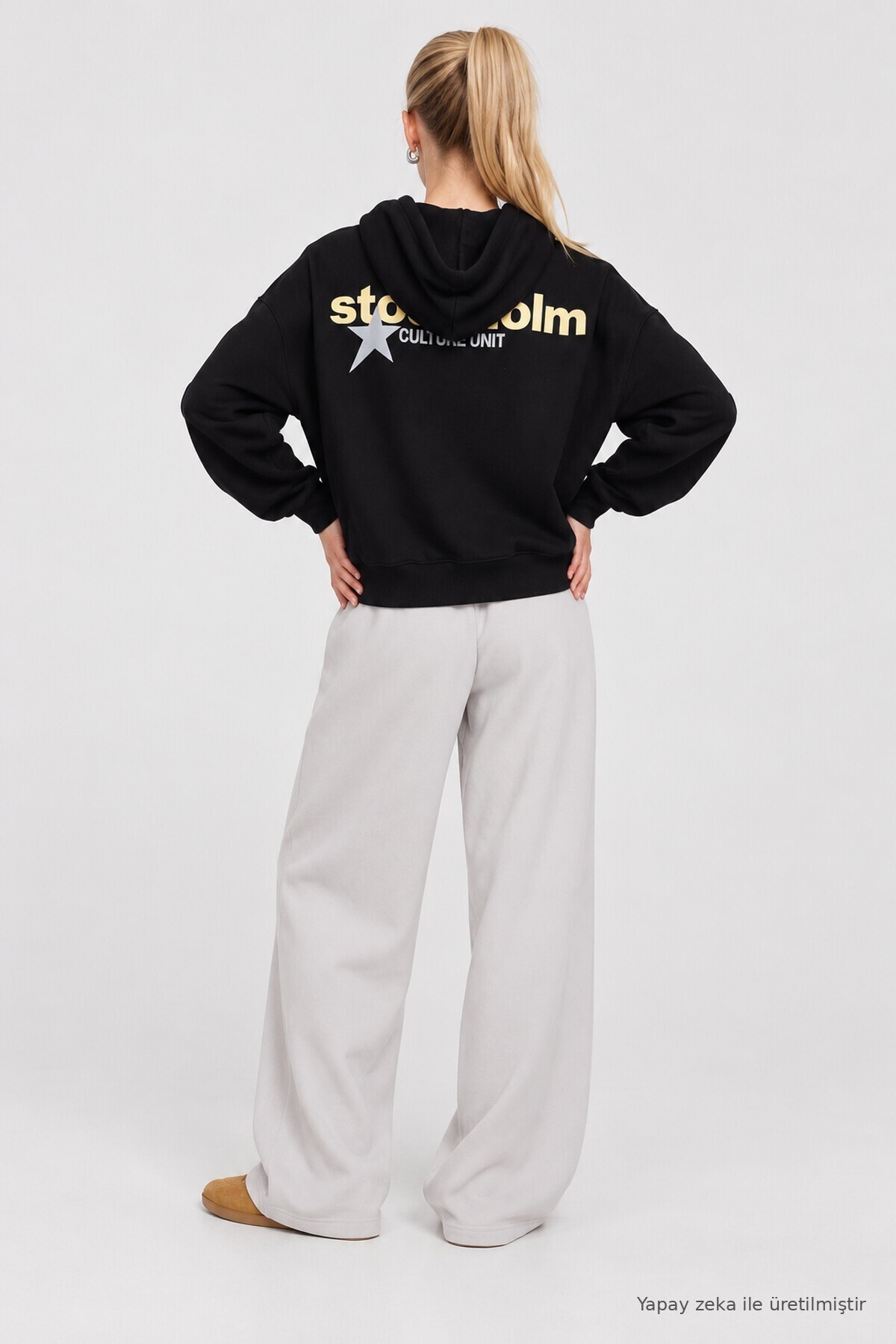 Kapüşonlu Baskılı Oversize Örme Sweatshirt SİYAH LRN0080