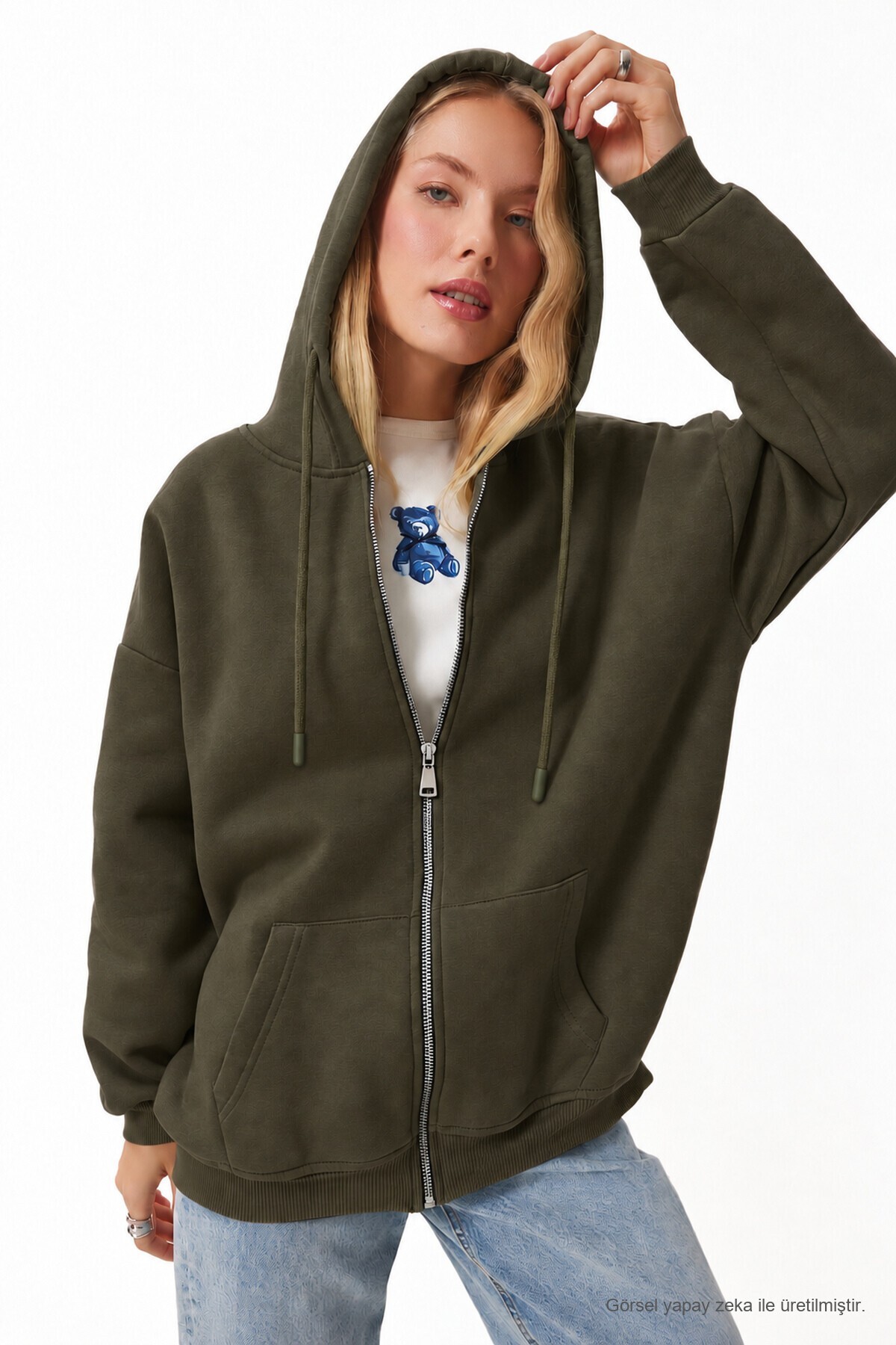 Kapüşonlu Fermuarlı Oversize Şardonlu Örme  Sweatshirt HAKİ LUB0002