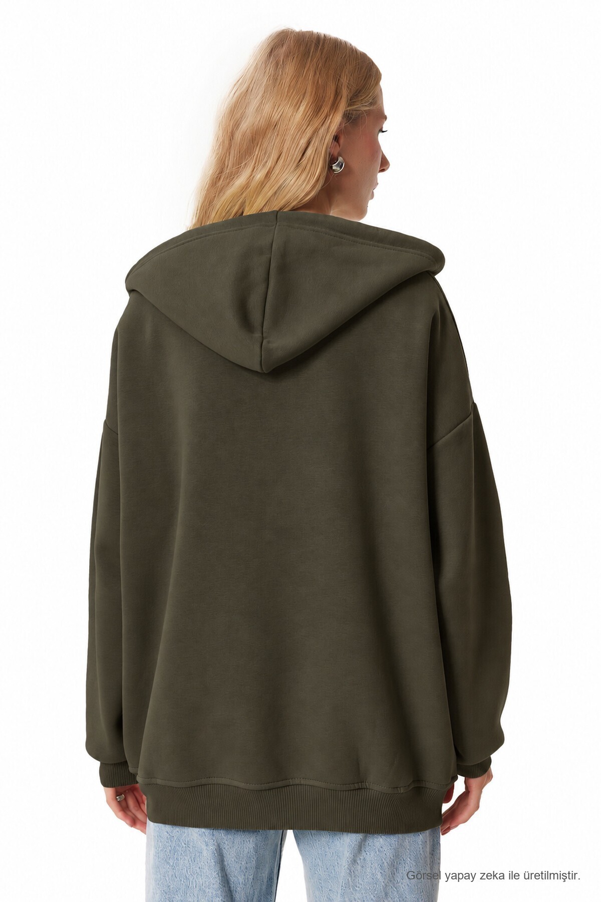 Kapüşonlu Fermuarlı Oversize Şardonlu Örme  Sweatshirt HAKİ LUB0002