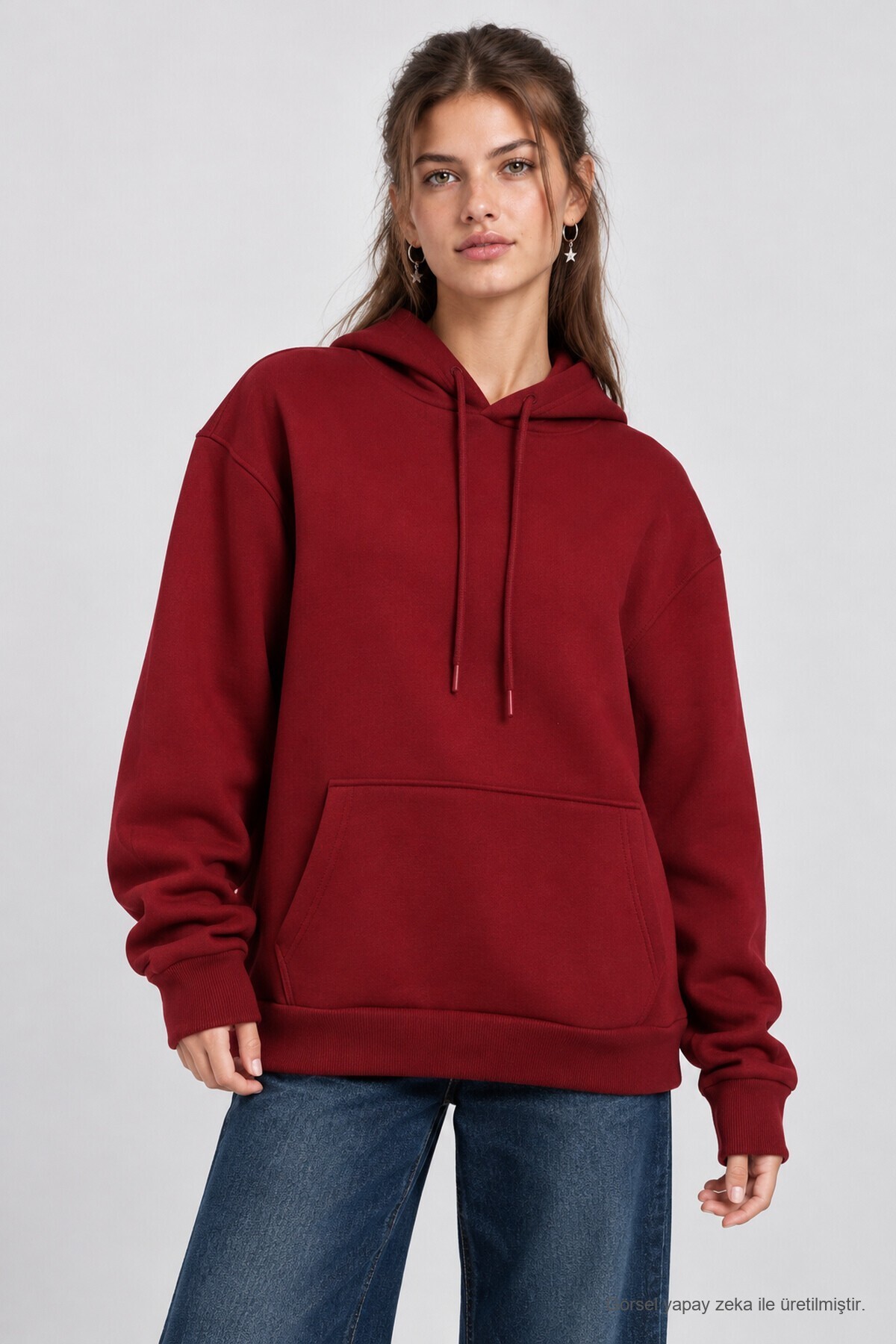 Kapüşonlu Oversize Şardonlu Örme Sweatshirt BORDO LEN0042