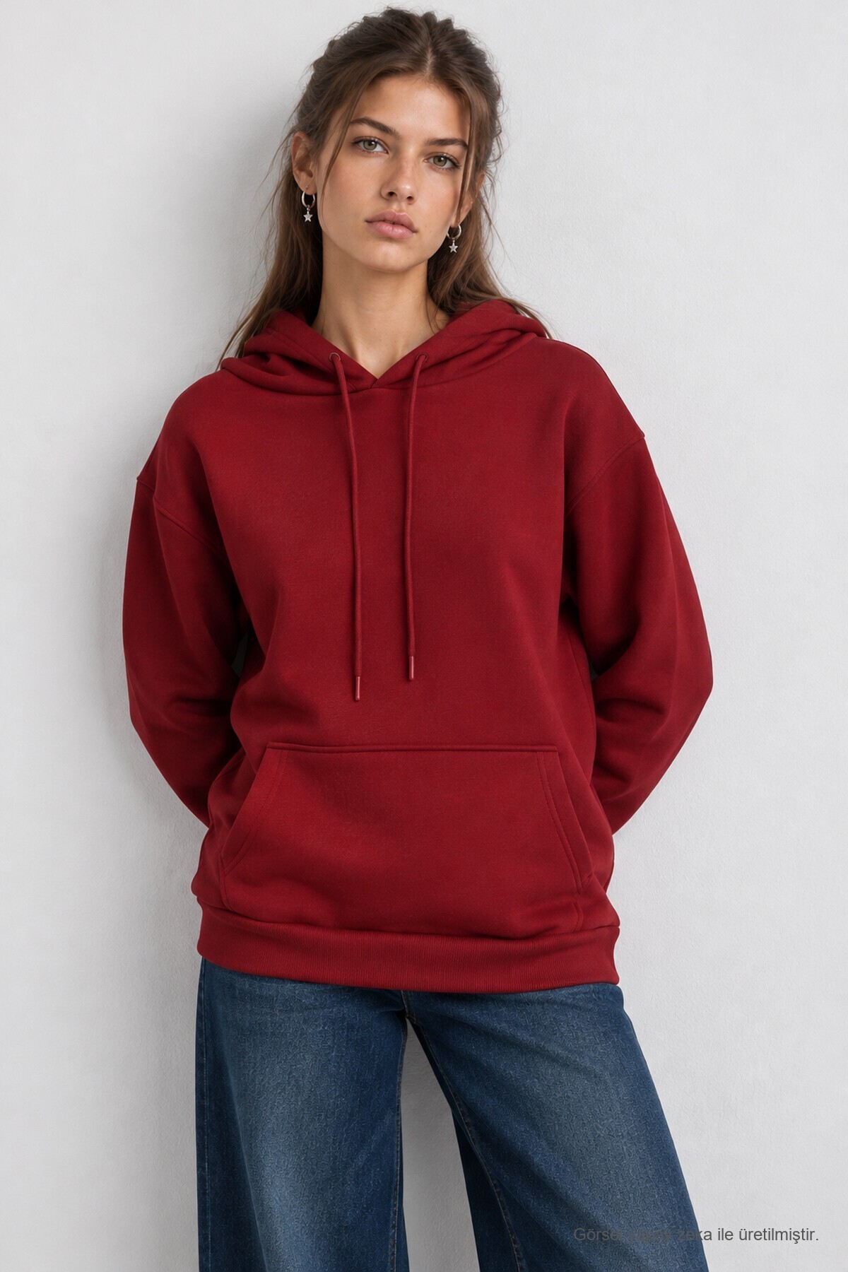 Kapüşonlu Oversize Şardonlu Örme Sweatshirt BORDO LEN0042