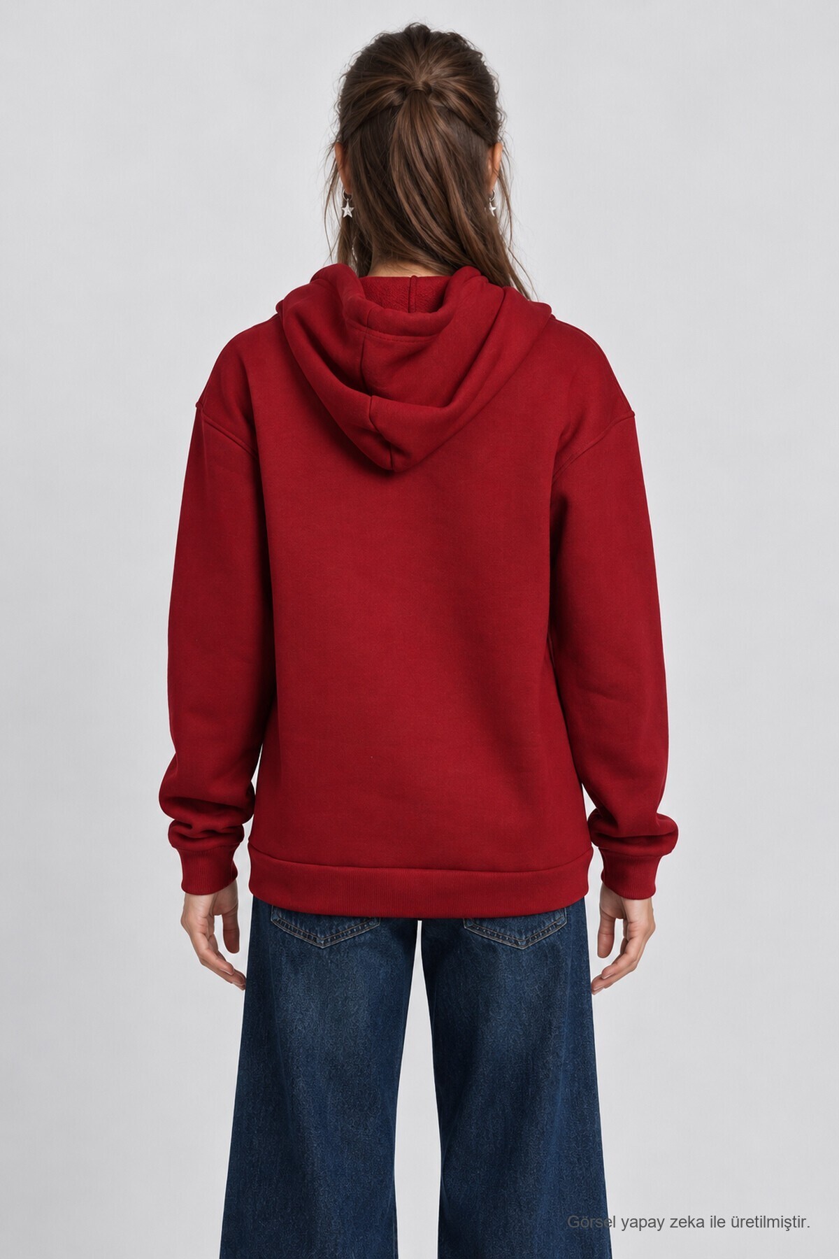 Kapüşonlu Oversize Şardonlu Örme Sweatshirt BORDO LEN0042