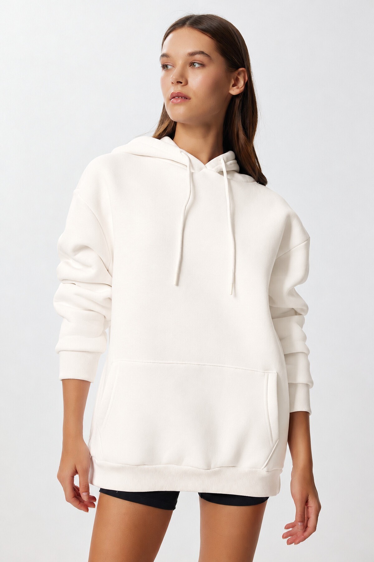 Kapüşonlu Oversize Şardonlu Örme Sweatshirt EKRU LEN0042