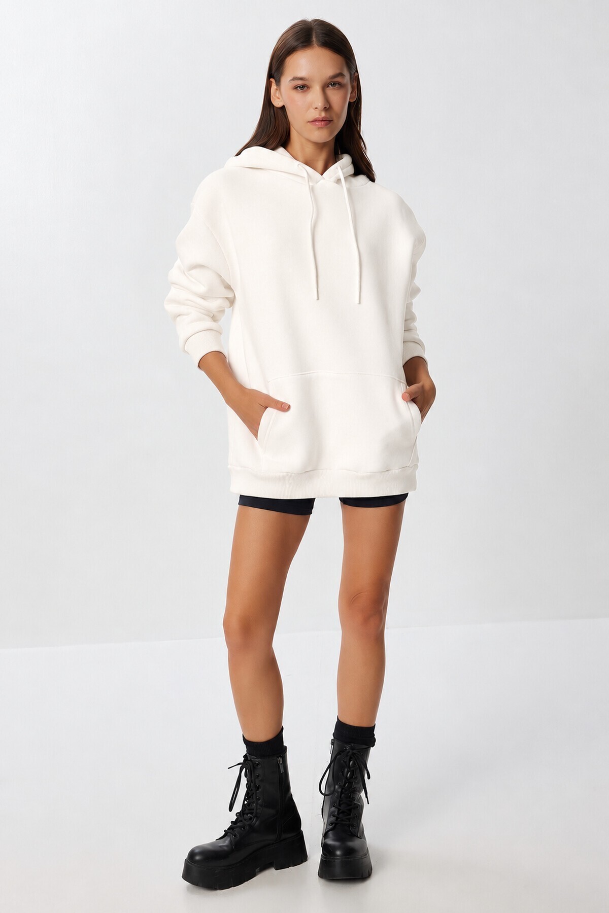Kapüşonlu Oversize Şardonlu Örme Sweatshirt EKRU LEN0042