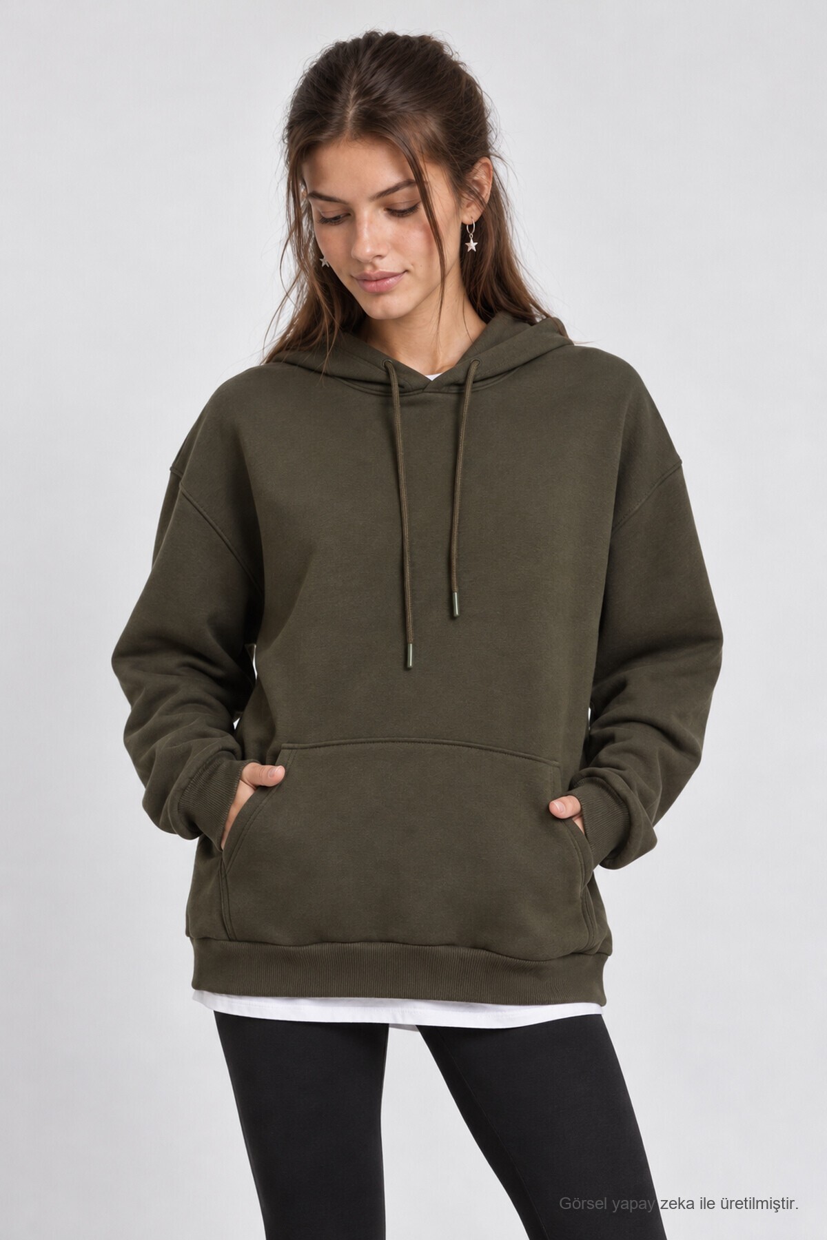 Kapüşonlu Oversize Şardonlu Örme Sweatshirt HAKİ LEN0042