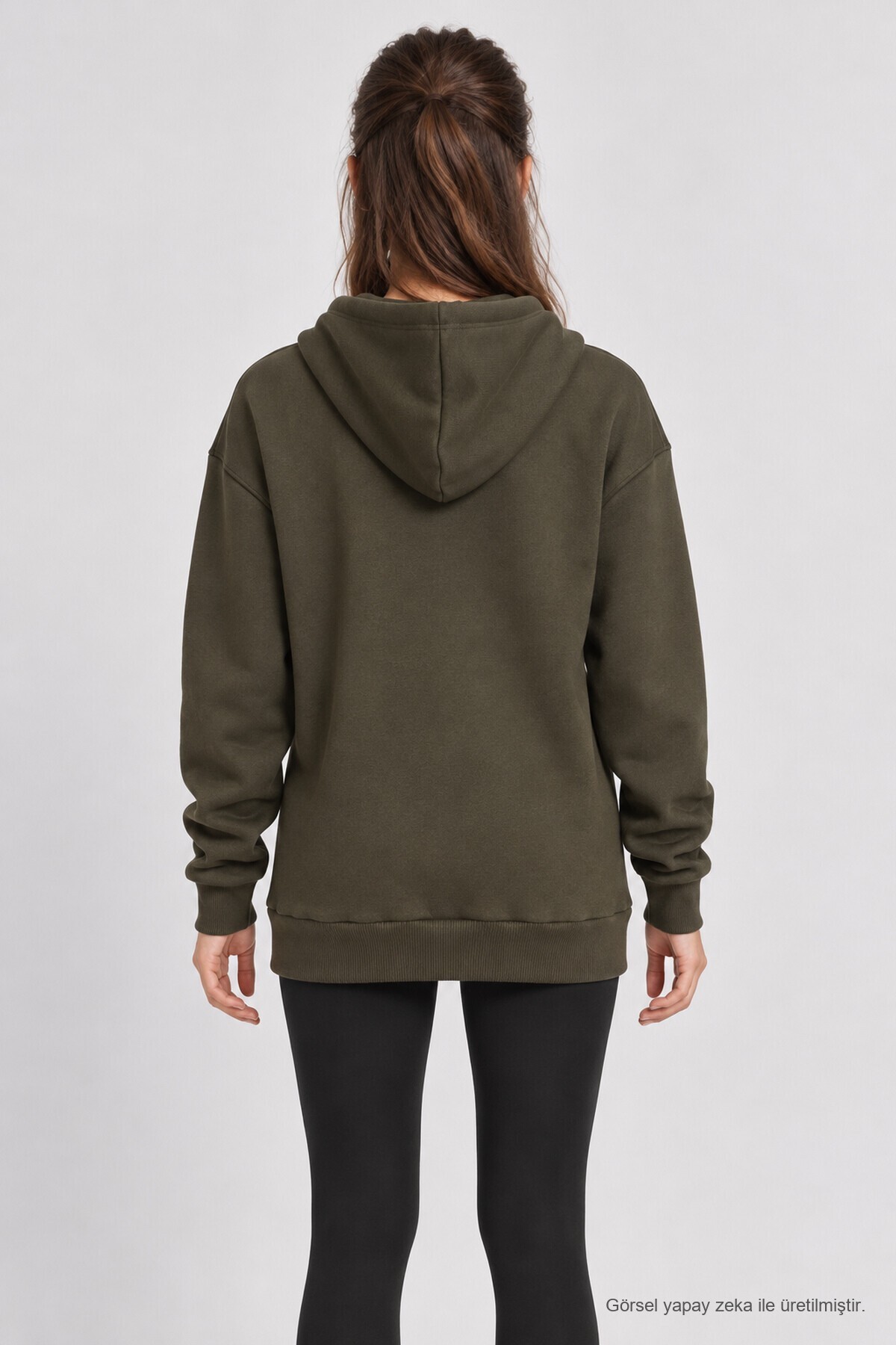 Kapüşonlu Oversize Şardonlu Örme Sweatshirt HAKİ LEN0042