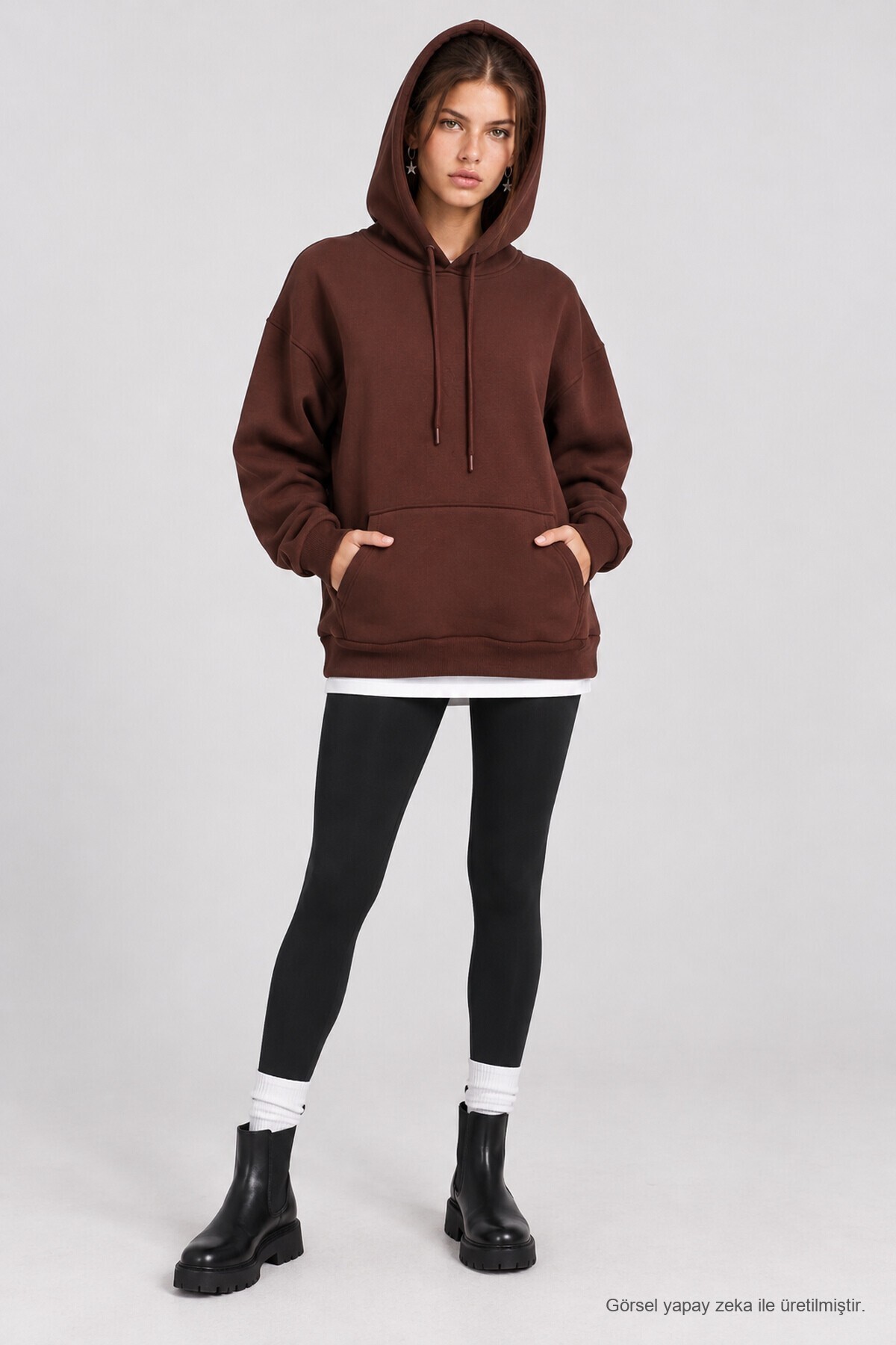 Kapüşonlu Oversize Şardonlu Örme Sweatshirt KAHVERENGİ LEN0042