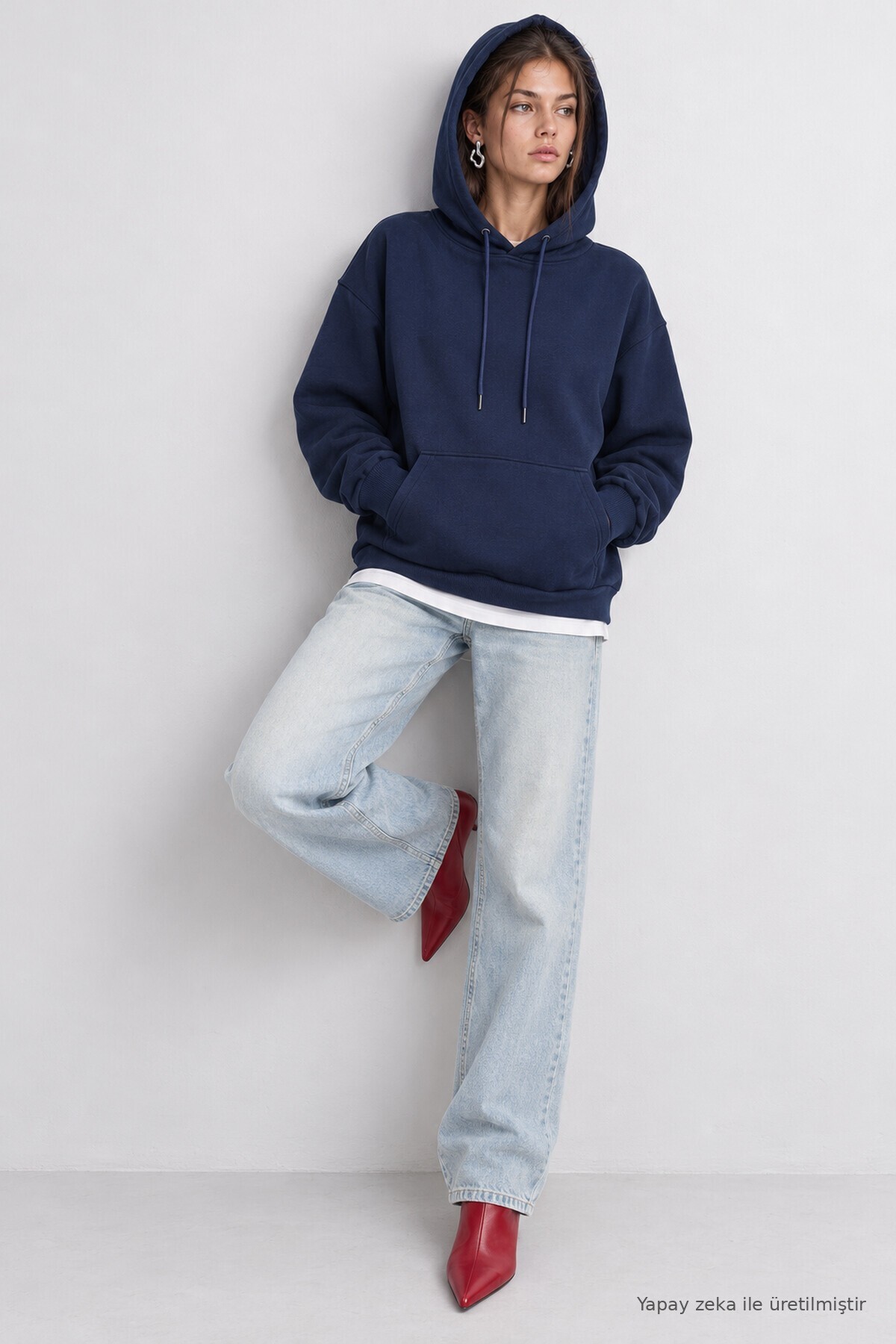 Kapüşonlu Oversize Şardonlu Örme Sweatshirt LACİVERT LEN0042