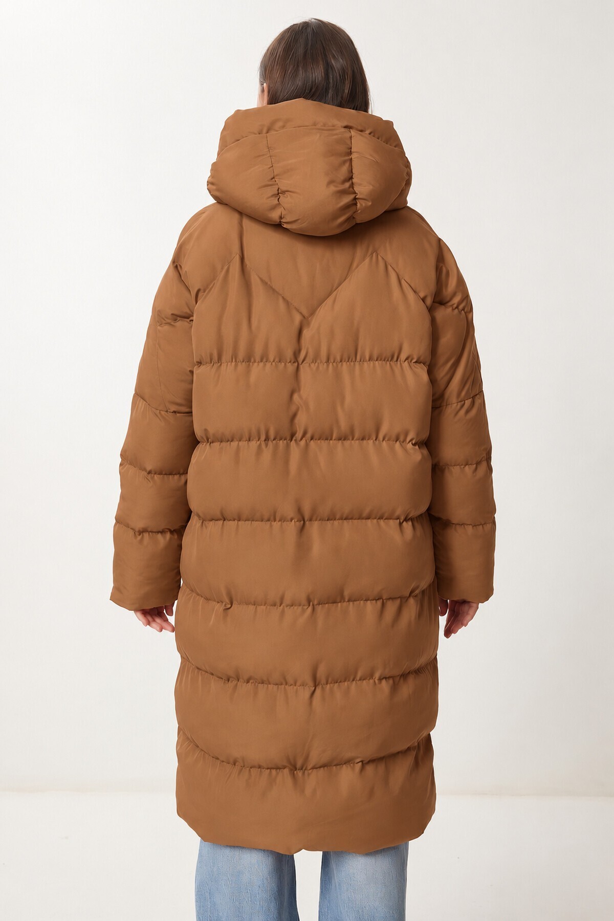 Kapüşonlu Oversize Uzun Şişme Kaban TABA LNT0001