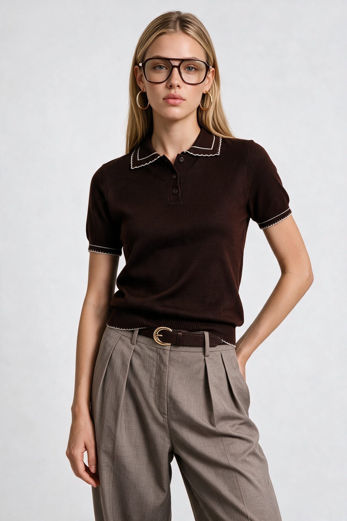 Kontrast Şeritli Polo Yaka Triko Bluz 4342 KAHVERENGİ LKİ0053