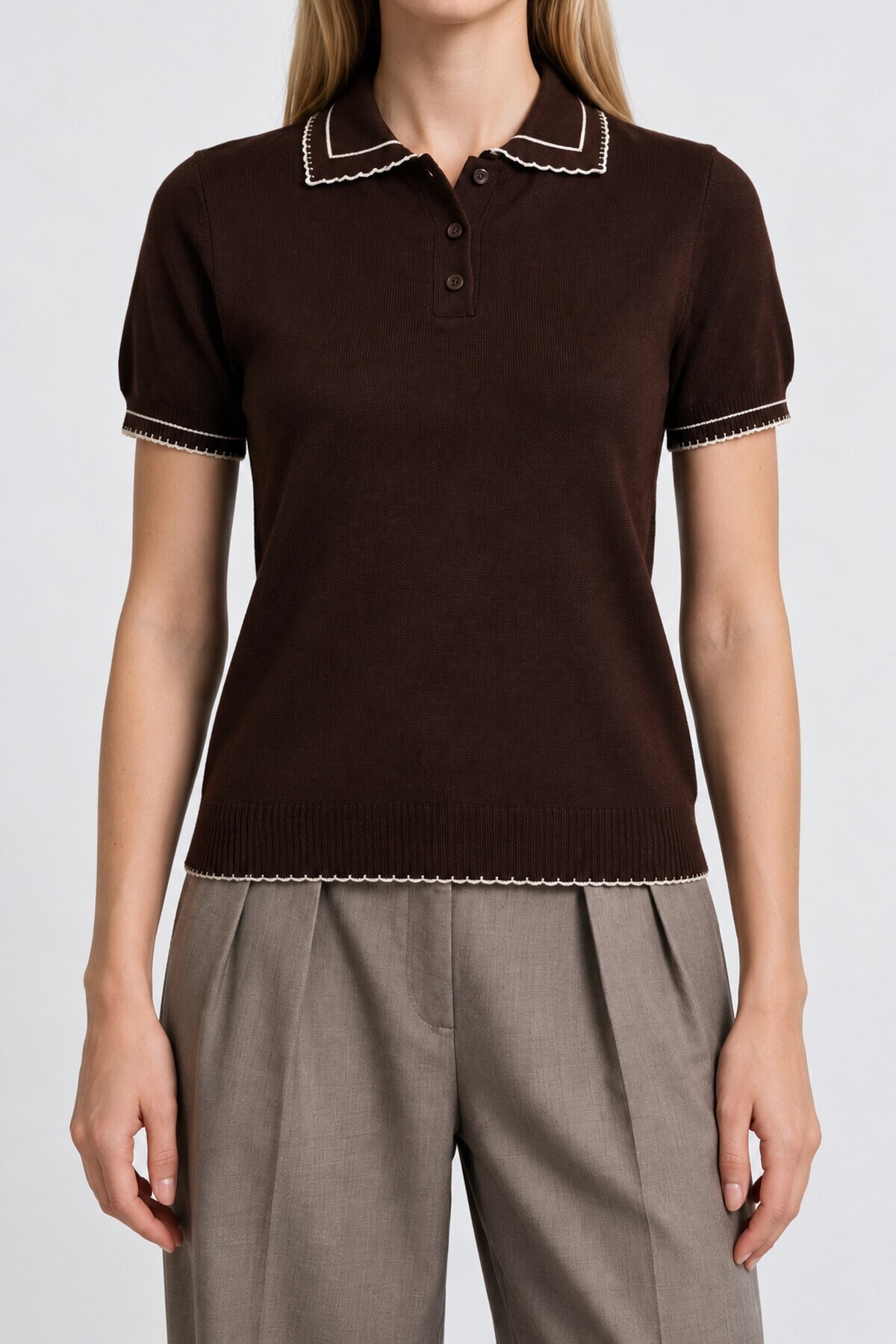 Kontrast Şeritli Polo Yaka Triko Bluz 4342 KAHVERENGİ LKİ0053