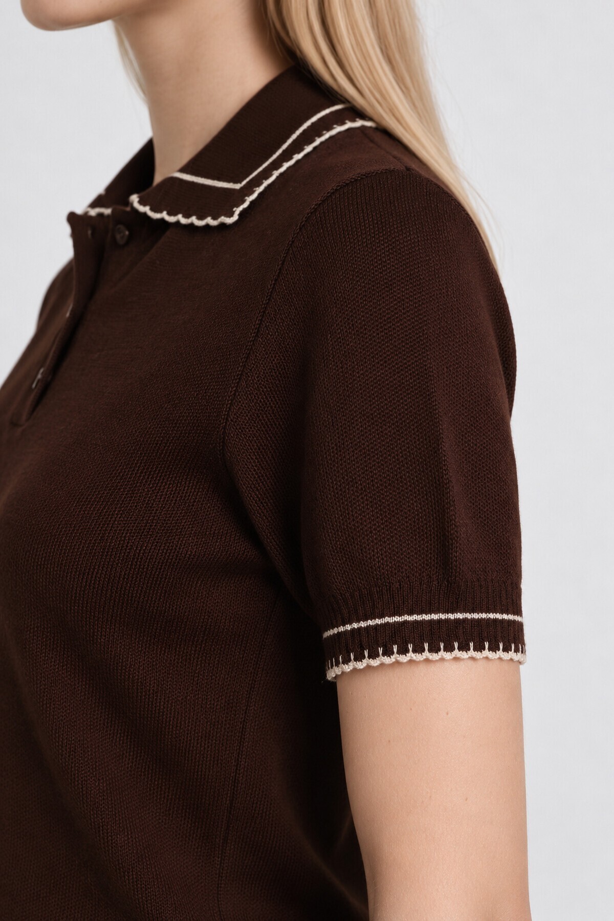 Kontrast Şeritli Polo Yaka Triko Bluz 4342 KAHVERENGİ LKİ0053